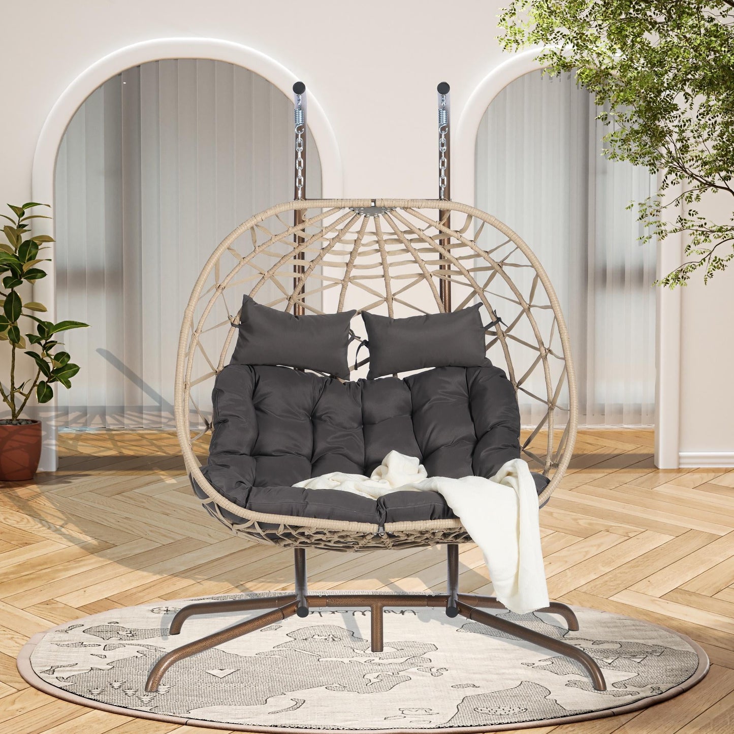 Double Egg Swing Chair with Stand, 2 Persons Hanging Egg Chair, 600LBS Capacity Indoor Outdoor Wicker Basket Oversized Hammock Chair for Backyard Balcony Bedroom, Brown Wicker+Dark Gray Cushion