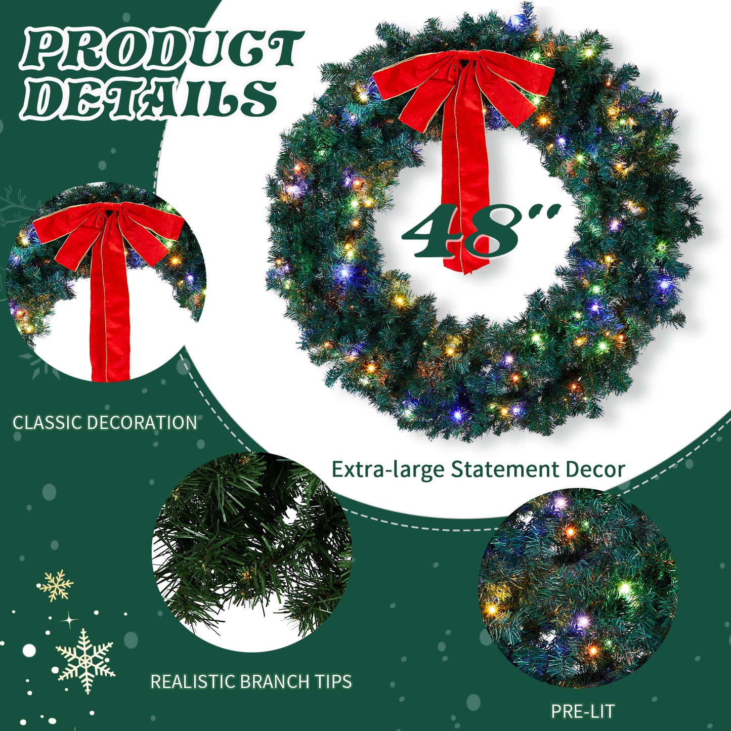 SESSLIFE 48in Pre-Lit Christmas Wreath, Large Artificial Xmas Wreath with LED Lights, Remote Control and Stepless Dimming, Full Outdoor Wreath for Front Door, Gate, Green