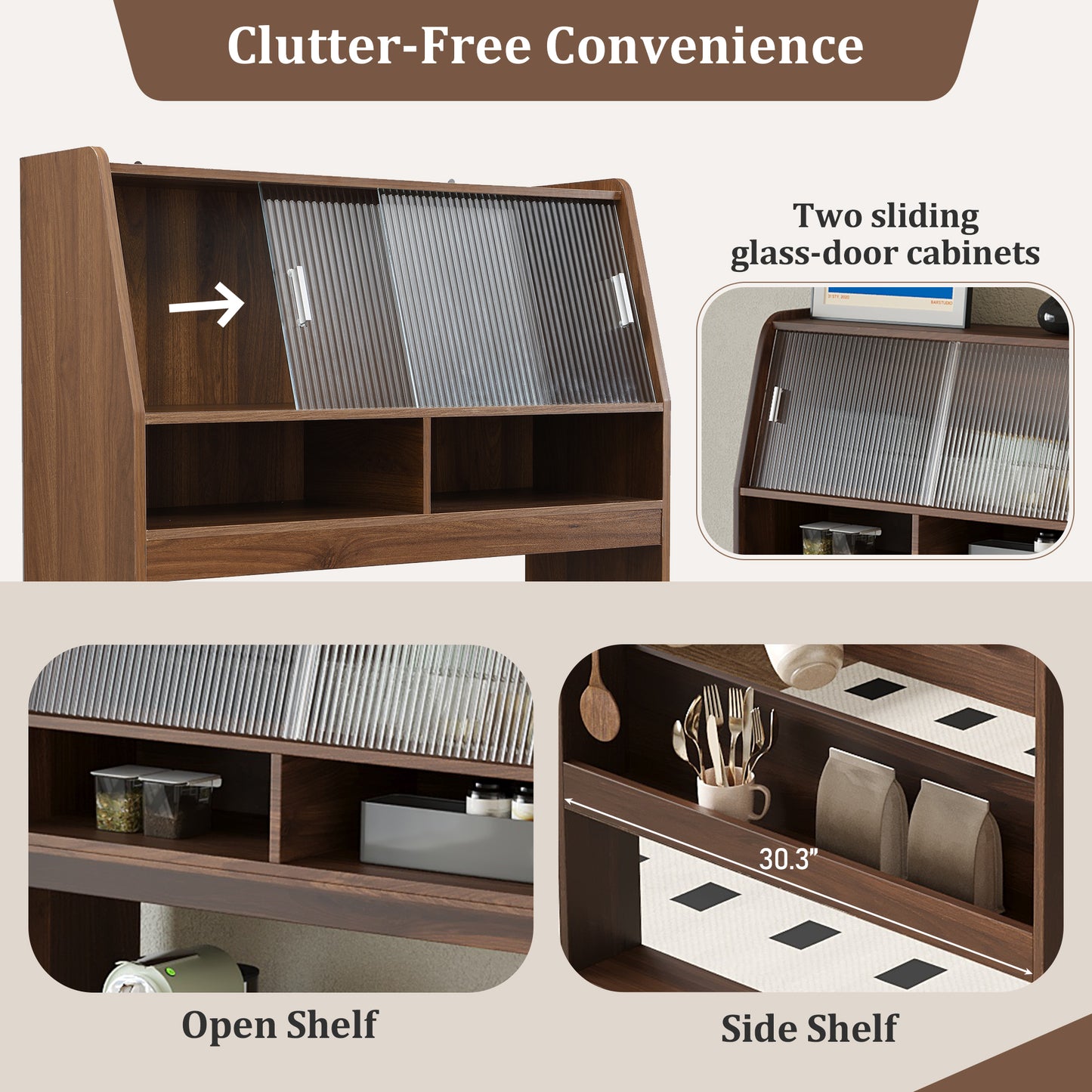 SESSLIFE Sideboard with Storage and Foldable Table, Buffet Cabinet with Hutch for Dining Room, Space Saving Design with Wheels, Farmhouse Style, Walnut
