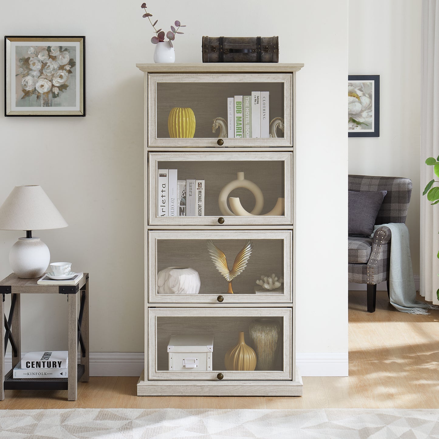 SESSLIFE 4 Tier Glass Display Cabinet with Flip Up Glass Doors, White Curio Cabinet for Collectibles, Books and Toy Figures, Modern Storage Bookcase for Living Room Bedroom Office