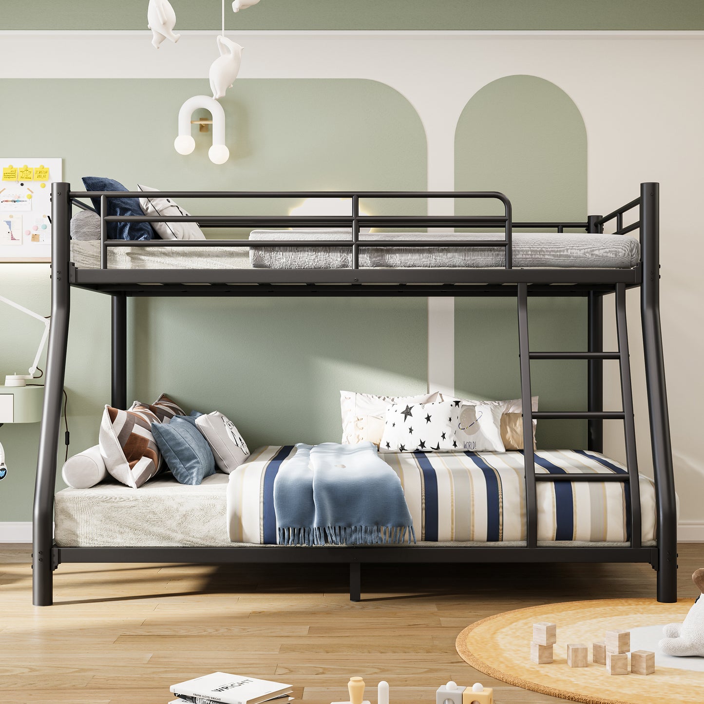 SESSLIFE Twin Over Full Bunk Bed, Heavy Duty Metal Bunk Bed Frame with Ladder and Safety Rail, Noise Free Space Saving Bunk Beds for Dorm Apartment, Black