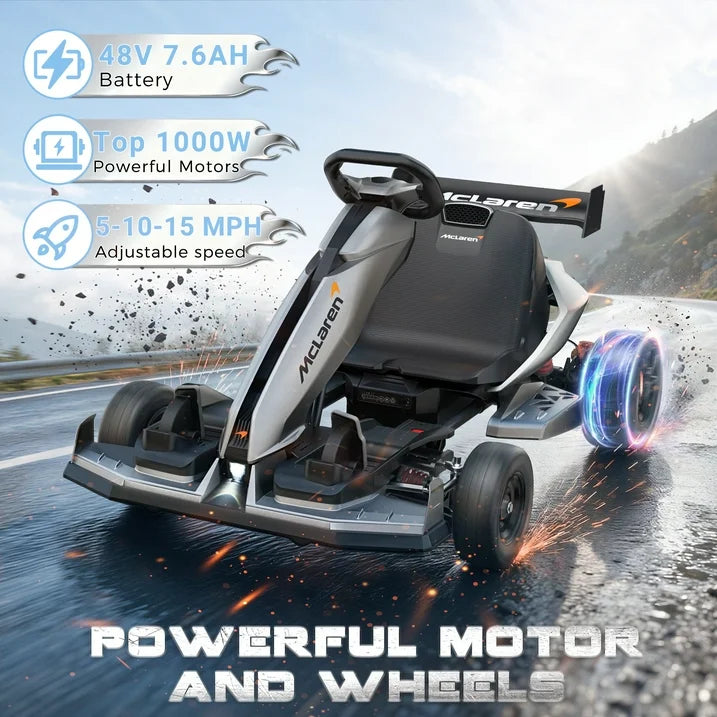 48V McLaren Go Kart for Teens & Adults, 750W Brushless Motor 24 km/h, Hydraulic Disc Brake, 3 Levels Adjustable Chassis, Foldable Design, 4 Wheel Suspension Electric Go Cart Ride On Toy (Silver)