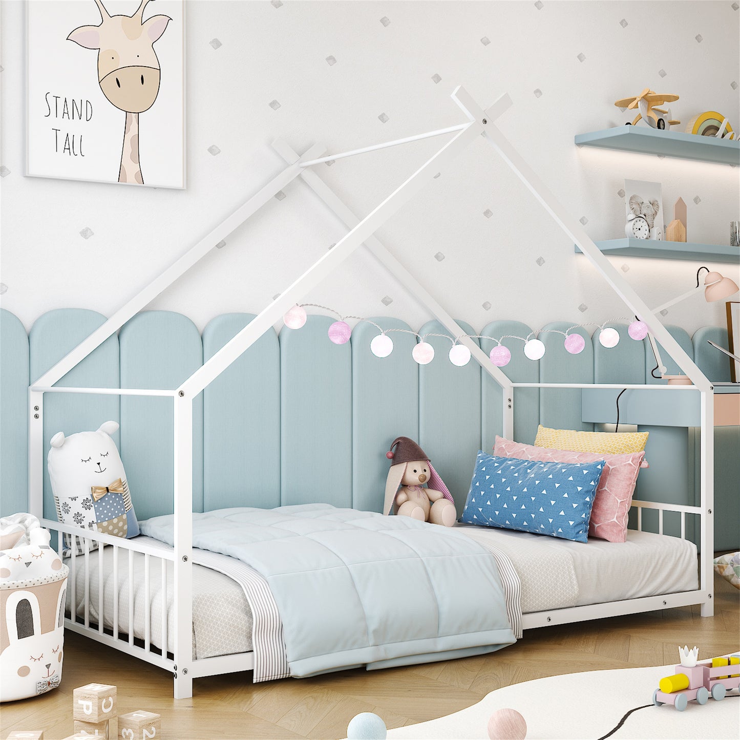 SESSLIFE Twin Size House Bed, Metal Floor Bed Frame with Roof and Guardrail, Montessori Floor Bed for Bedroom, House-shaped Design, No Box Spring Needed, Easy Assembly, White