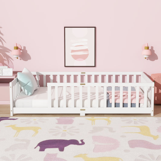 Sesslife Twin Montessori Floor Bed, Twin Size Floor Bed with Fence Without Door, Toddler Bed with Salts, Safety Guardrails, No Box Spring Needed, Twin Bed for Kids Girls, Boys, White