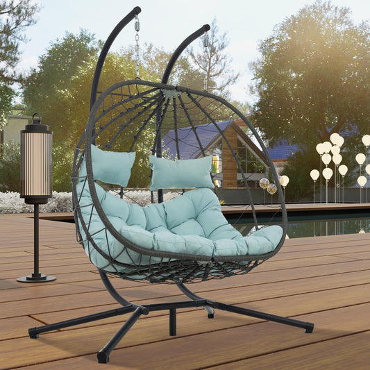 Double Egg Swing Chair with Stand, 2 Persons Hanging Egg Chair, 600LBS Capacity Indoor Outdoor Wicker Basket Oversized Hammock Chair for Backyard Balcony Bedroom, Gray Wicker+Blue Cushion