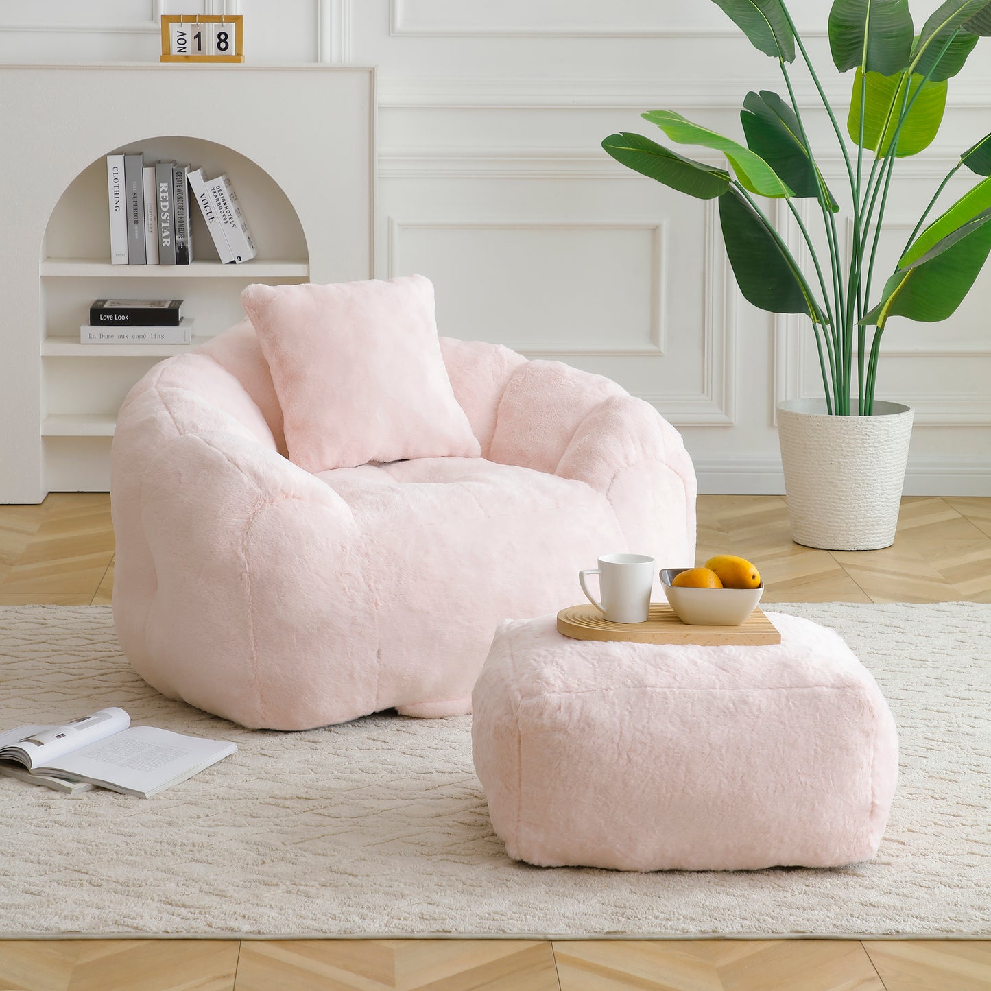 SESSLIFE Oversized Faux Fur Bean Bag Chair with Footstool, Giant Bean Bag Chair for Adults, Shell Shape Bean Bag Couch, Floor Sofa for Gaming Reading Living Room, Light Blue