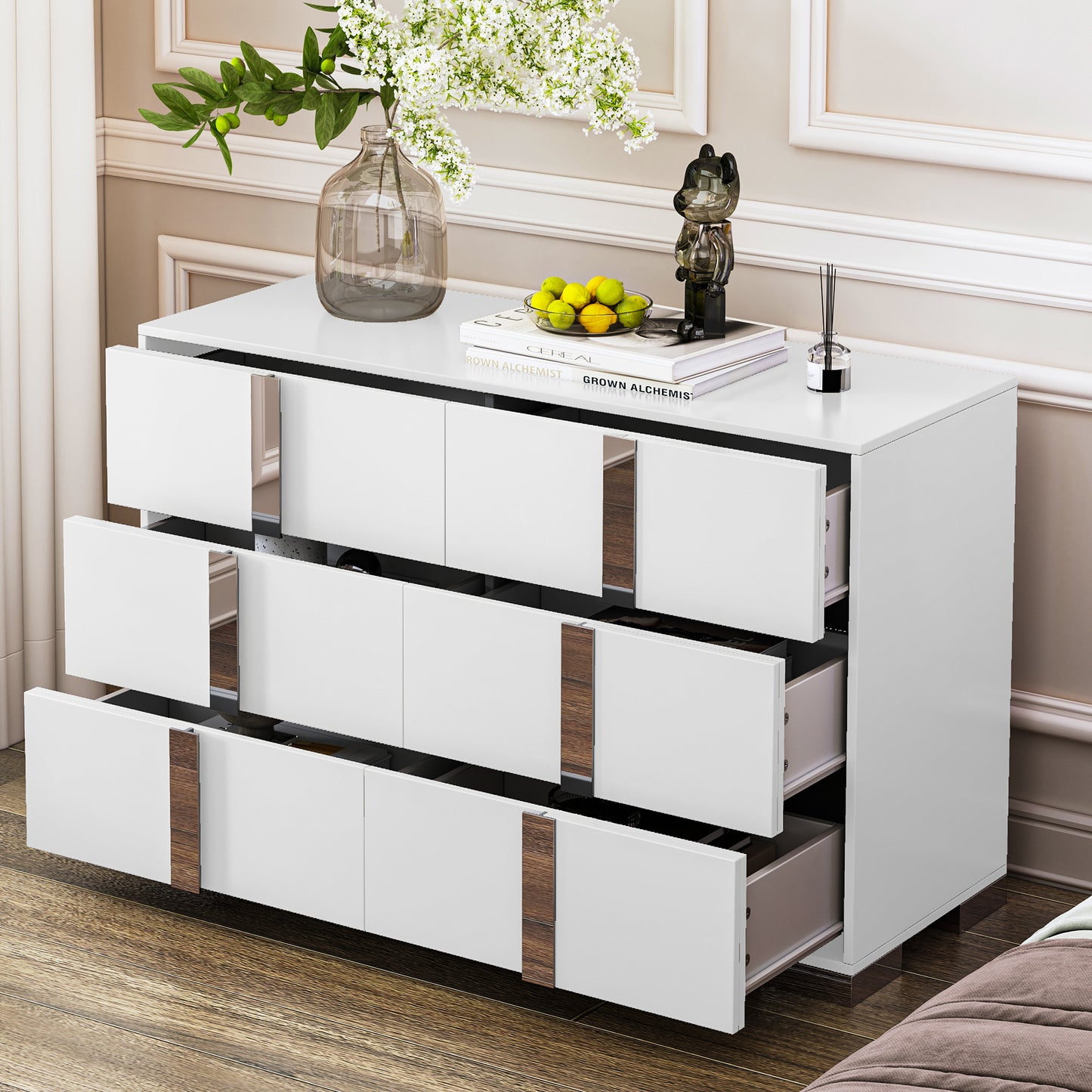 Drawer Dresser, Wood Nightstand with Metal Handle, Elegant Modern Mirrored Storage Cabinet with 6 Drawers for Bedroom, White