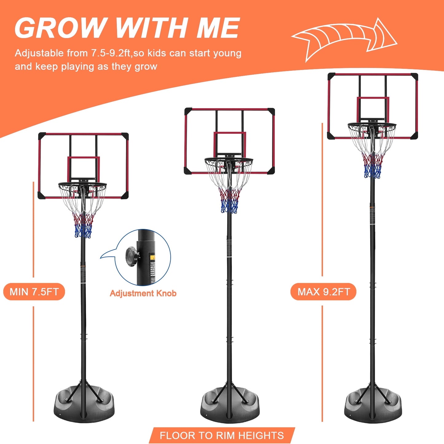 SESSLIFE Portable Basketball Hoop, 7.5ft -9.2ft Height Adjustable Basketball Goal, Outdoor Indoor Basketball Hoop Court with 32 Inch Backboard and Wheels for Youth Teenagers