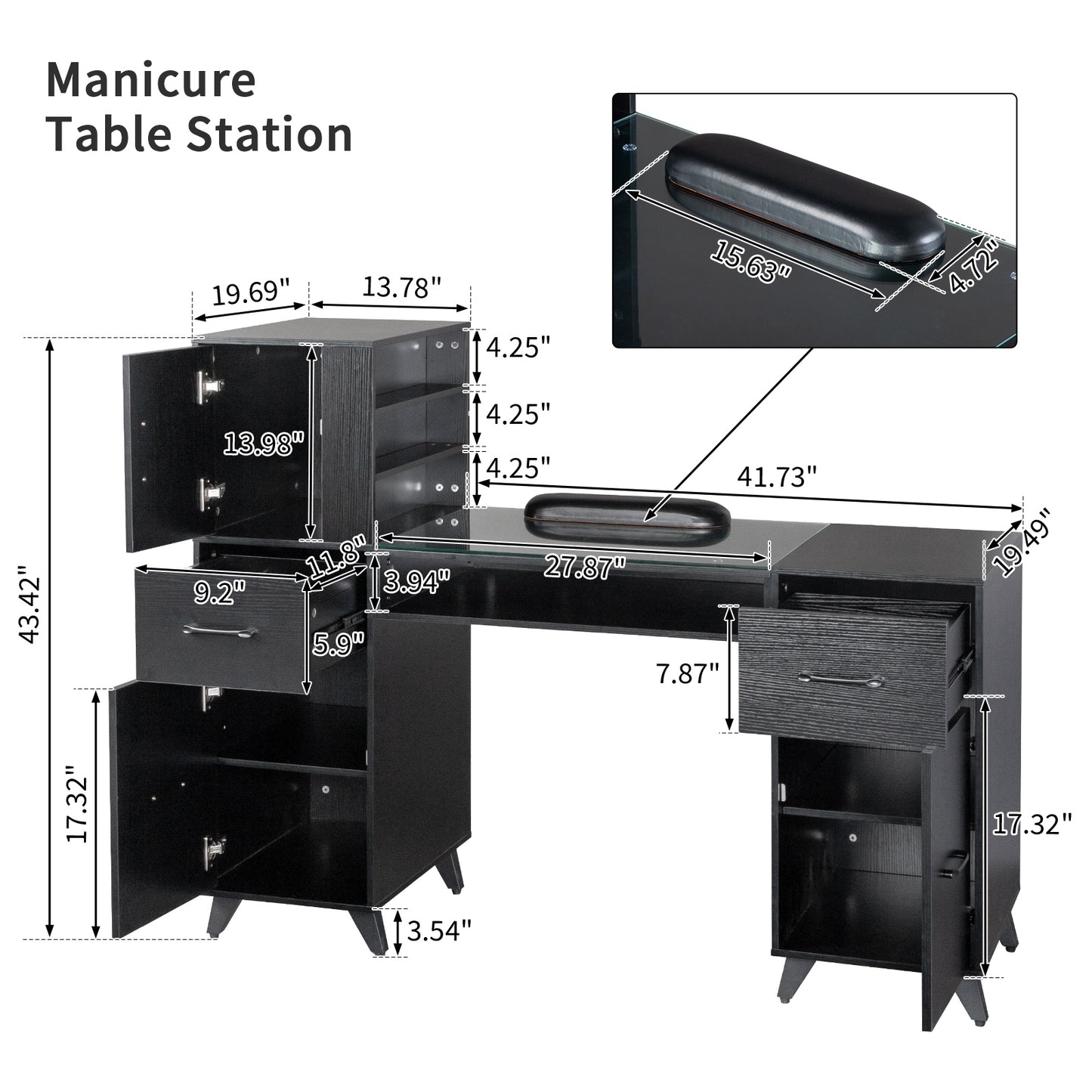 SESSLIFE All-in-One Nail Tech Table , Professional Manicure Station with Soft Wrist Rest, Acetone Resistant Glass Top, Spacious Cabinets for Bedroom, Nail Salon Organizer, Black