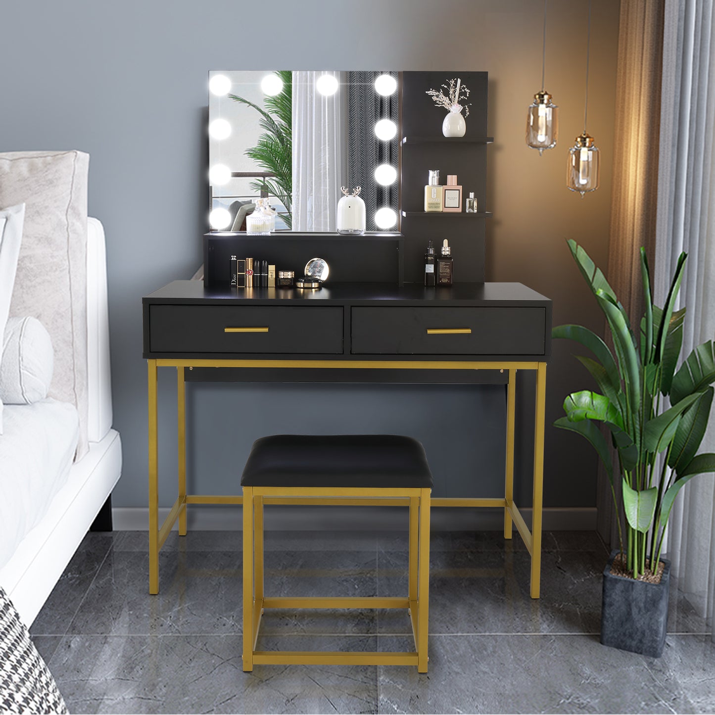 SESSLIFE Makeup Vanity Set with Mirror and Lights, White Makeup Vanity with Drawers and Storage, Hollywood Lighted Dressing Table with Stool, Vanity Desk for Women