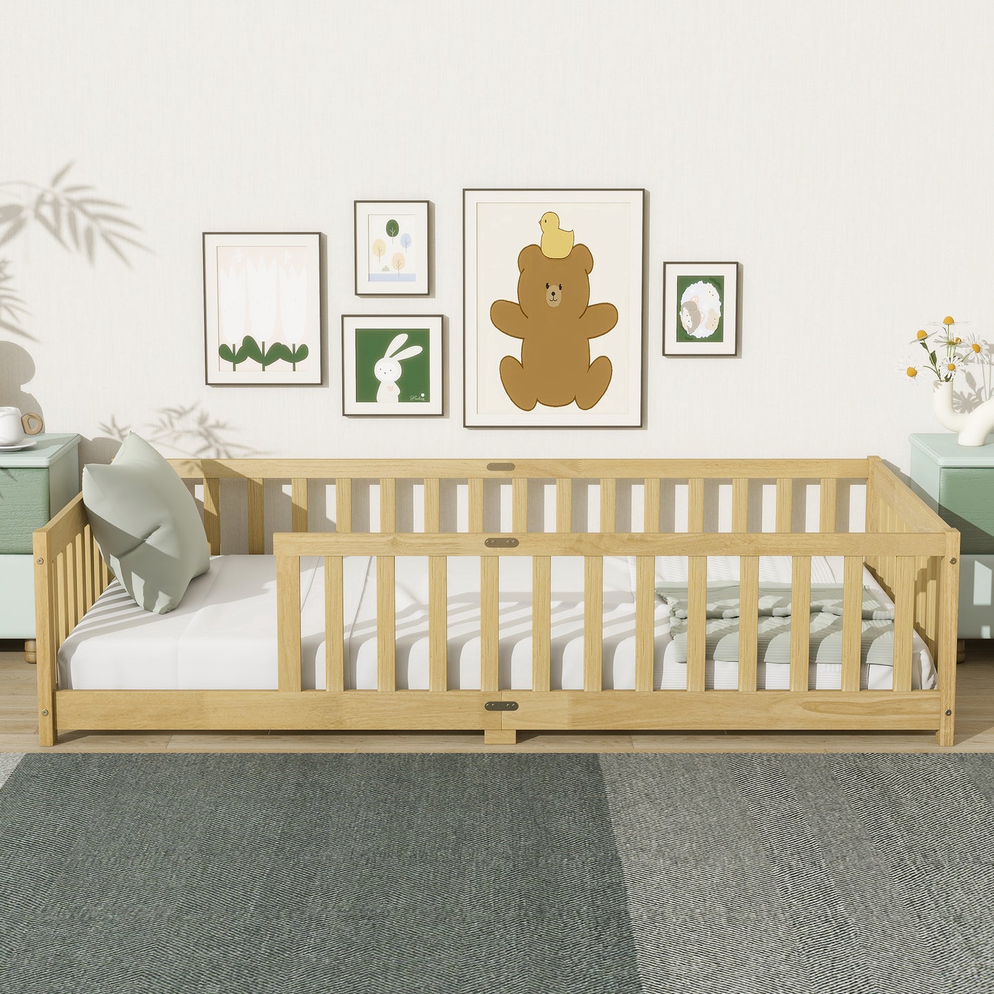 Sesslife Twin Montessori Floor Bed, Twin Size Floor Bed with Fence Without Door, Toddler Bed with Salts, Safety Guardrails, No Box Spring Needed, Twin Bed for Kids Girls, Boys, White