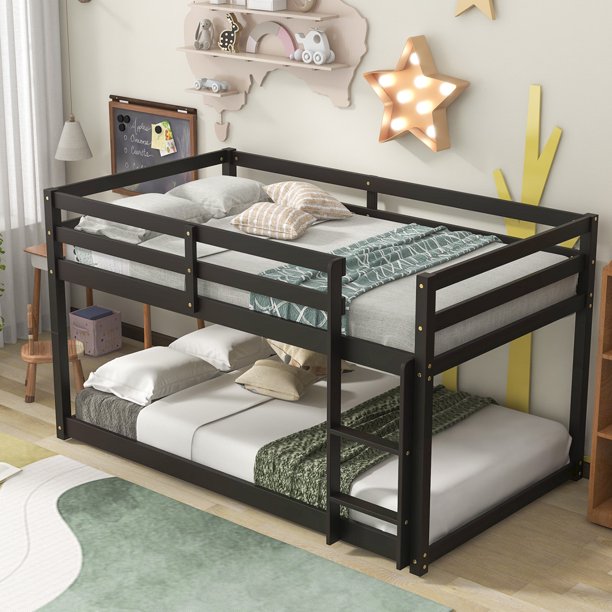 Sesslife Twin Over Twin Bunk Bed with Ladder, Solid Wood Floor Bunk Bed Frame with Slat & Guardrail, Espresso Platform Bed for Boys Girls Bedroom