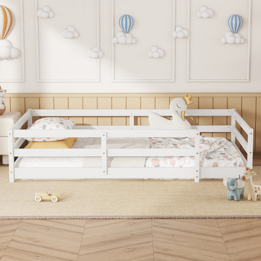 Twin Size Floor Bed, Wood Montessori Floor Bed with Fence and Guardrails, Toddler Bed Frame for Kids, Boys, Girls, No Box Spring Needed, White