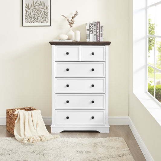 6 Drawers Dresser, Wooden Tall Chest of Drawers, Modern Clothes Storage Cabinet with Metal Handles, Freestanding Storage Dresser Tower for Living Room, White