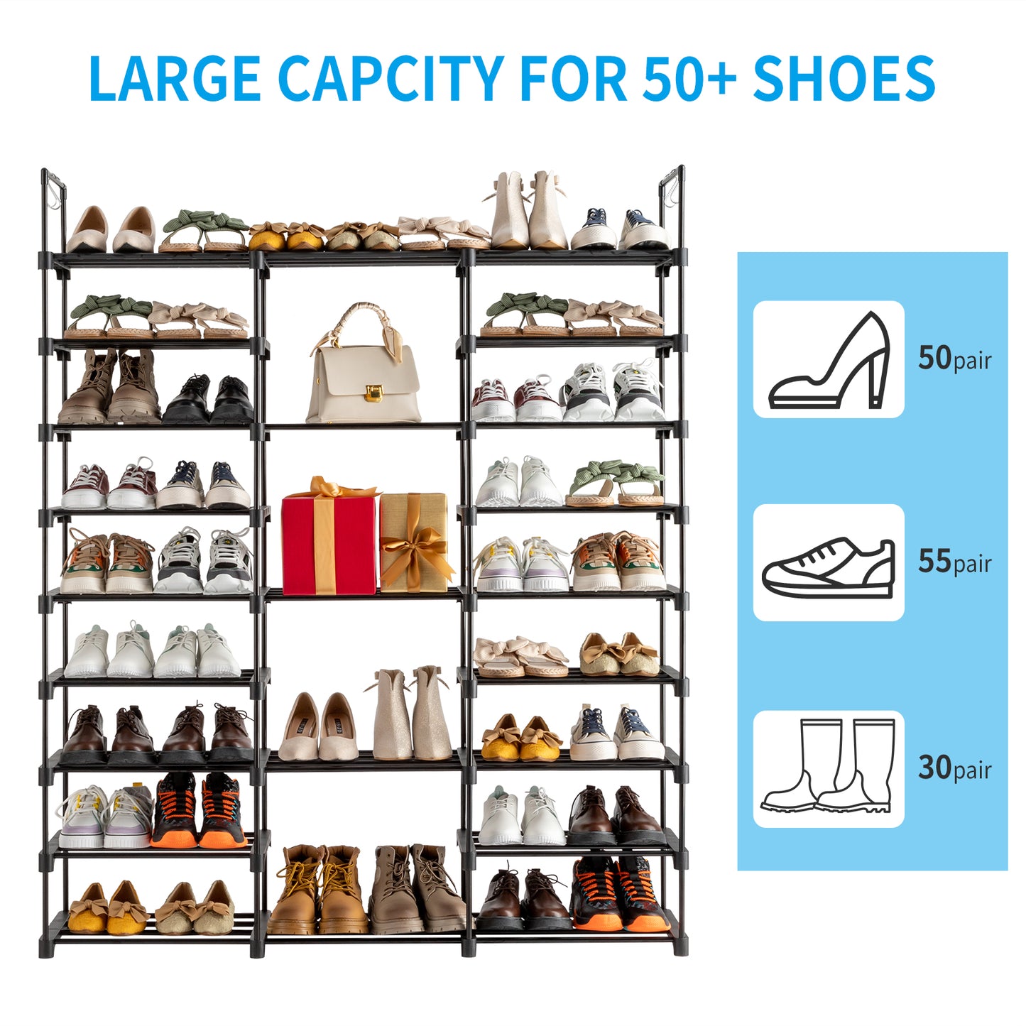 Sesslife 9 Tier Shoe Rack Organizer for Entryway 50-55 Pairs, DIY Stackable Shoe Rack for Closet Shoe Organizer with Sturdy Shelves and 4 Hooks, Metal Shoe Shelf Closet Organizer, Black