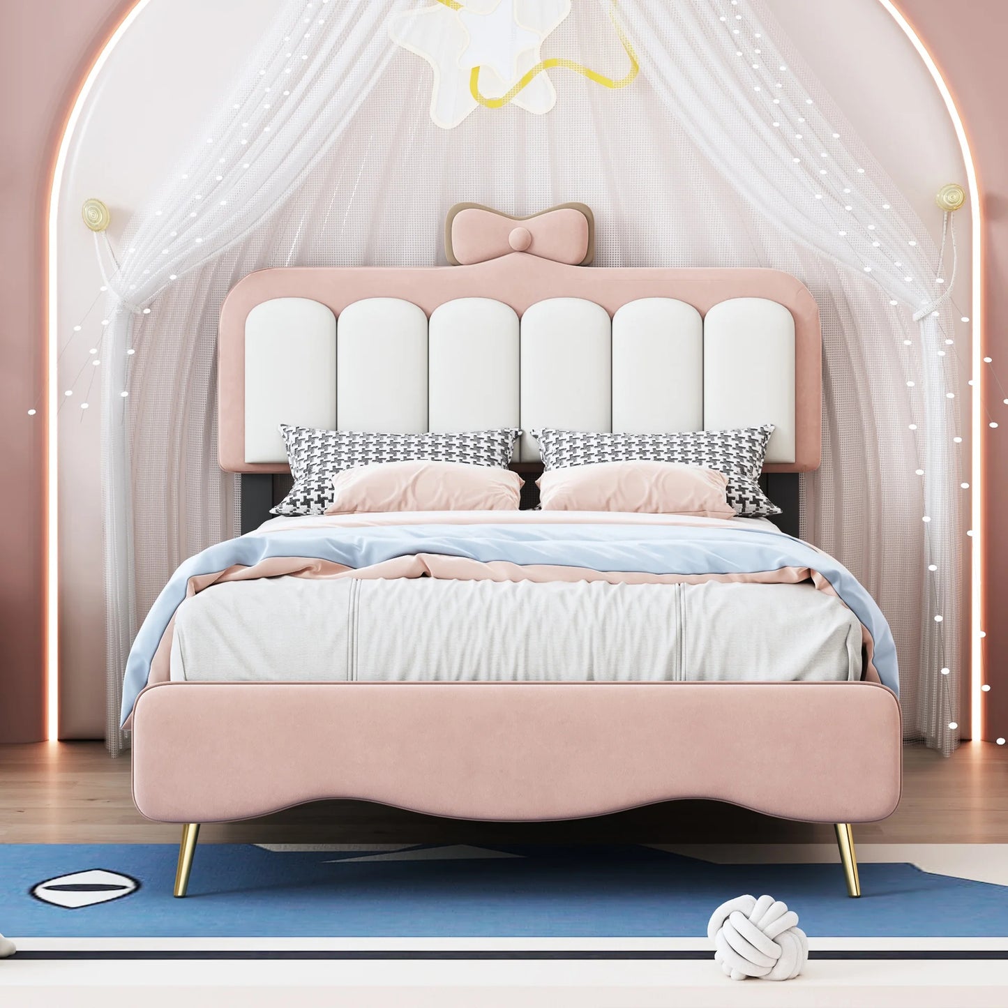 PORKISS Twin Bed Frame with Bow-Knot Headboard, Velvet Princess Upholstered Platform Bed for Kids Girls, White + Pink