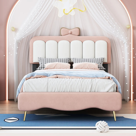 PORKISS Twin Bed Frame with Bow-Knot Headboard, Velvet Princess Upholstered Platform Bed for Kids Girls, White + Pink