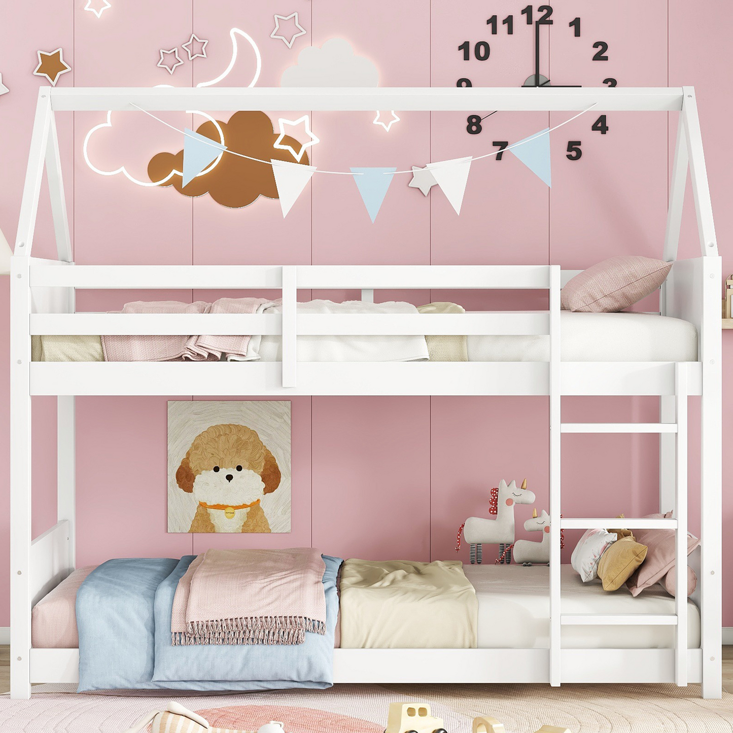 SESSLIFE Bunk Bed Twin Over Twin, Low Floor Bunk Bed with Guard Rails for Dorm, Small Space, No Box Spring Needed(White)