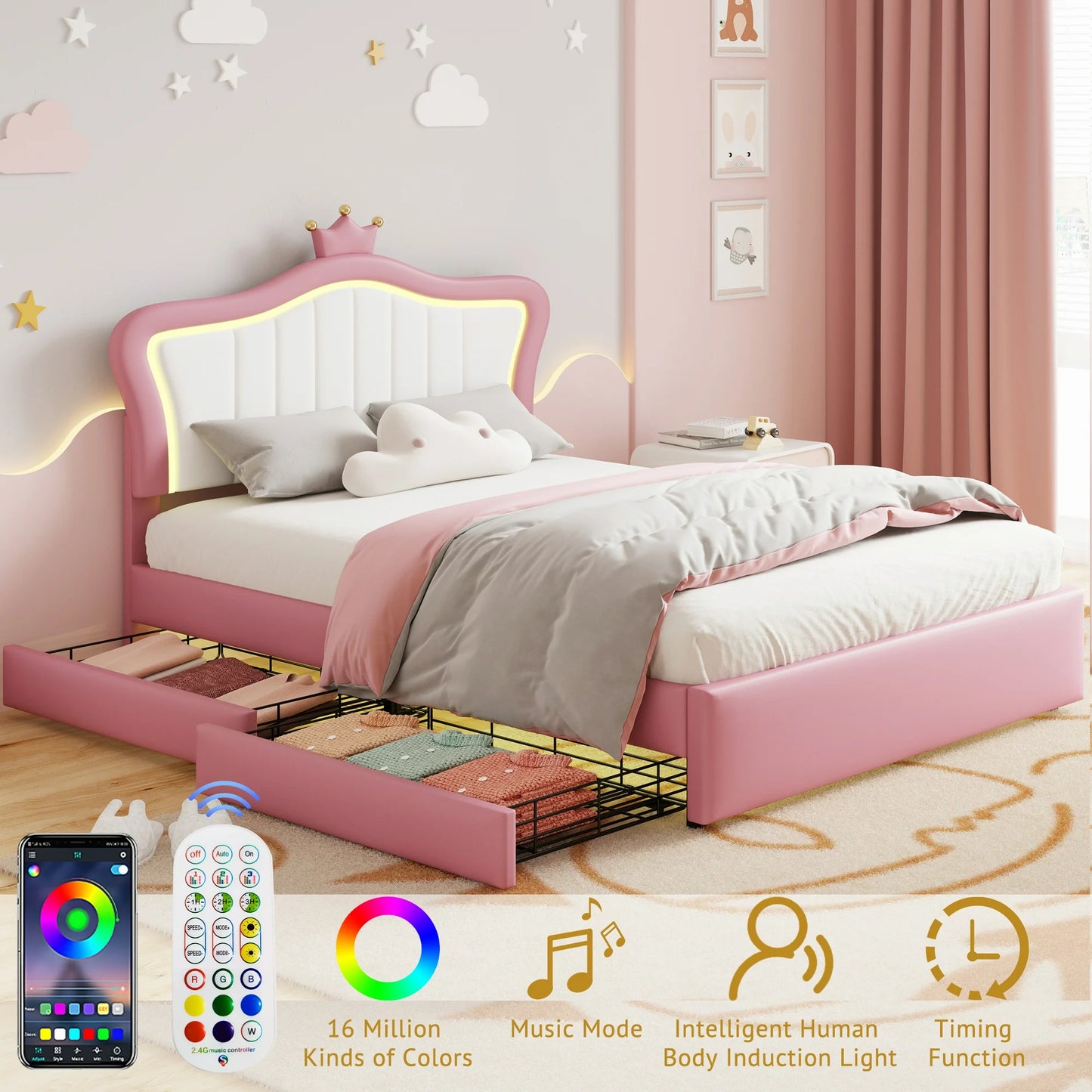 PORKISS Full Size LED Bed Frame with Drawers, PU Upholstered Bed, Princess Platform Bed with Adjustable Crown Headboard for Kids Girls, Beige