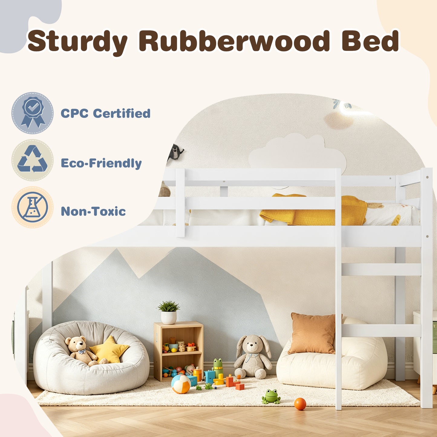 Twin Loft Bed with Ladder and Guardrails for Boys Girls, SESSLIFE Low Height Solid Wood Bed Frame, Space Saving Loft Bed with Under Bed Reading Nook, Play Area, Storage Space, White