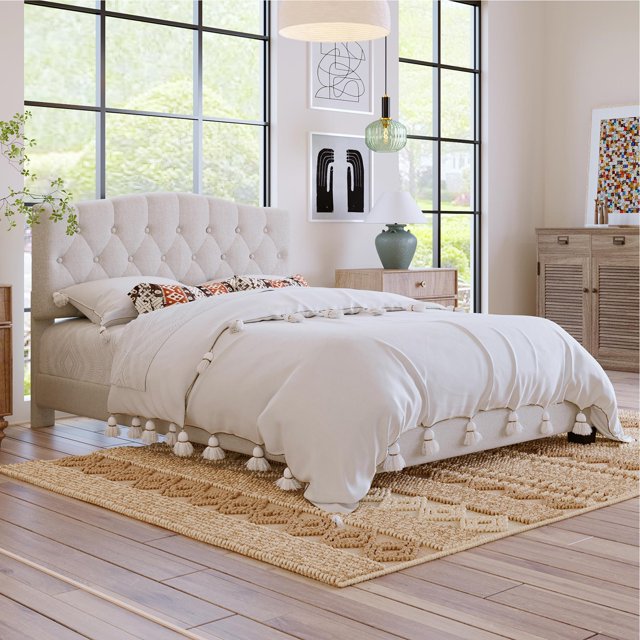 PORKISS Full Bed Frame Upholstered Platform with Headboard and Wooden Slats Support, Beige