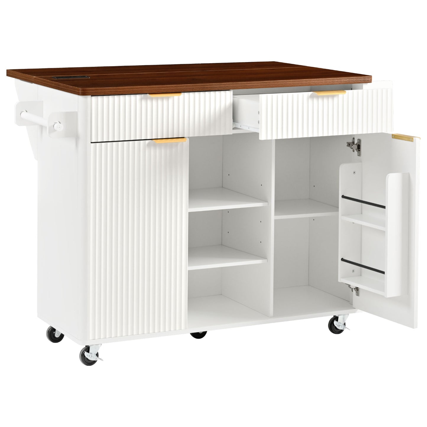 SESSLIFE 52” Fluted Kitchen Island Cart with Drop Leaf Tabletop, Built-in Power Outlet, Rolling Kitchen Storage Island with Adjustable Shelves, 2 Doors and 2 Drawers, Walnut Color Top, White