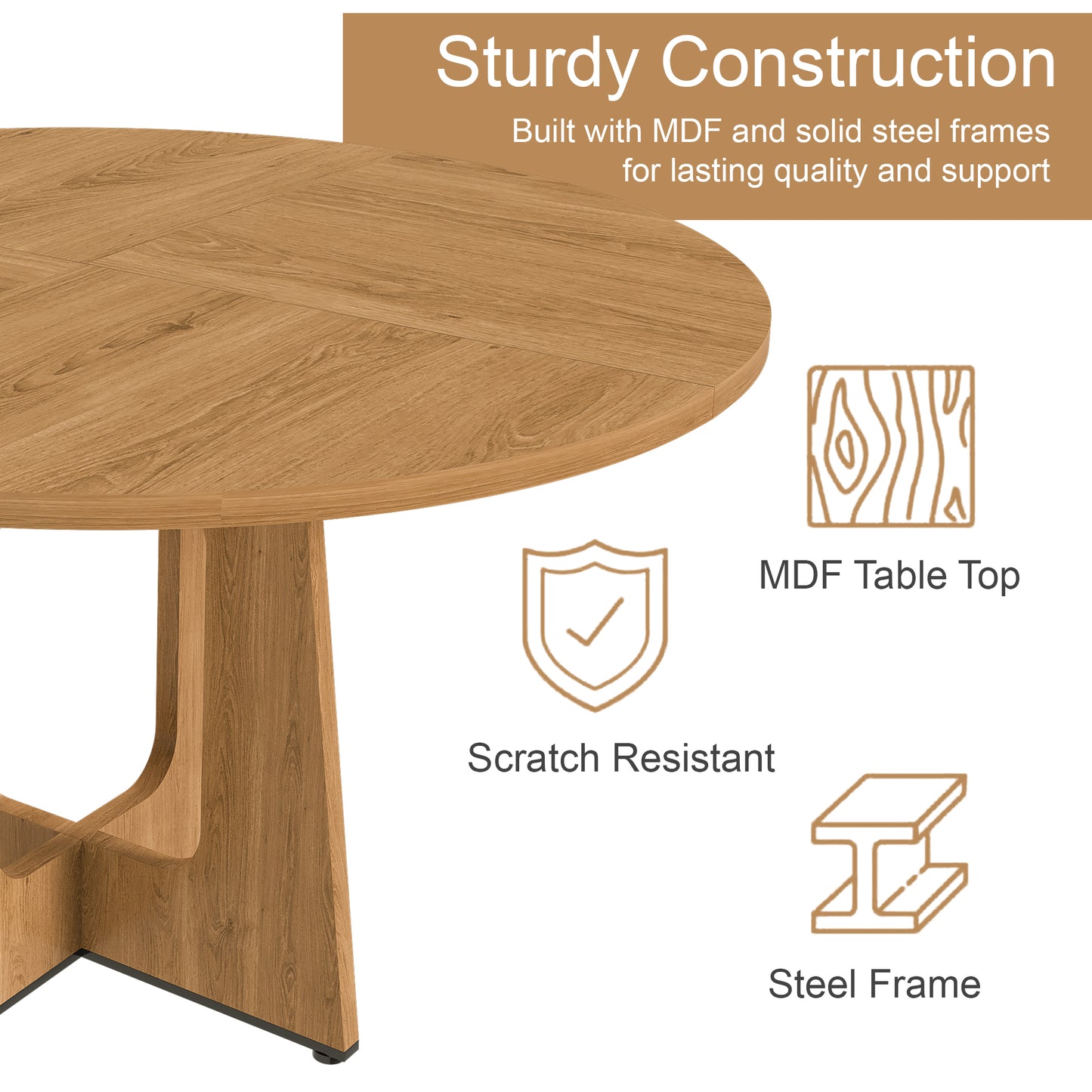 SESSLIFE 47" Round Dining Table for 4–6, Farmhouse Kitchen Table with Wood Grain Finish, Sturdy MDF Top and Metal Base, Easy Assembly, Ancient Oak