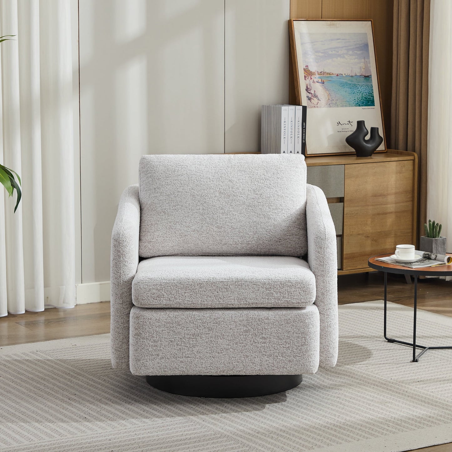 PORKISS 31.5"W Swivel Barrel Chair with Pillow, Chenille Fabric Upholstered Accent Club Armchair with Metal Swivel Ring, 360 Degree Club Chair, Single Leisure Sofa Chair, Taupe
