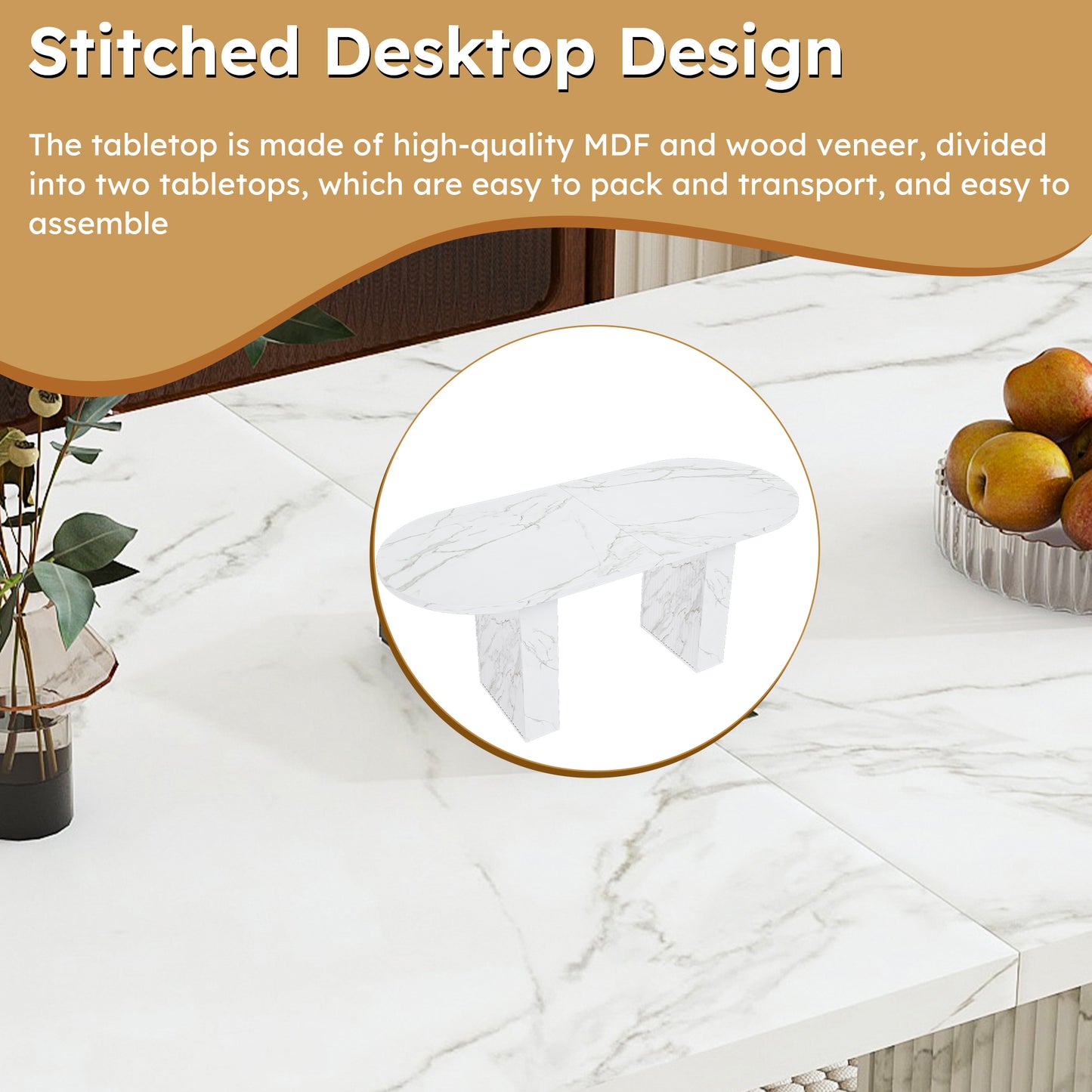 SESSLIFE Oval Dining Table, 62.9'' Modern Farmhouse Dining Table with with Wood Strip Base, Kitchen Table for Home and Office, White Marble Finish