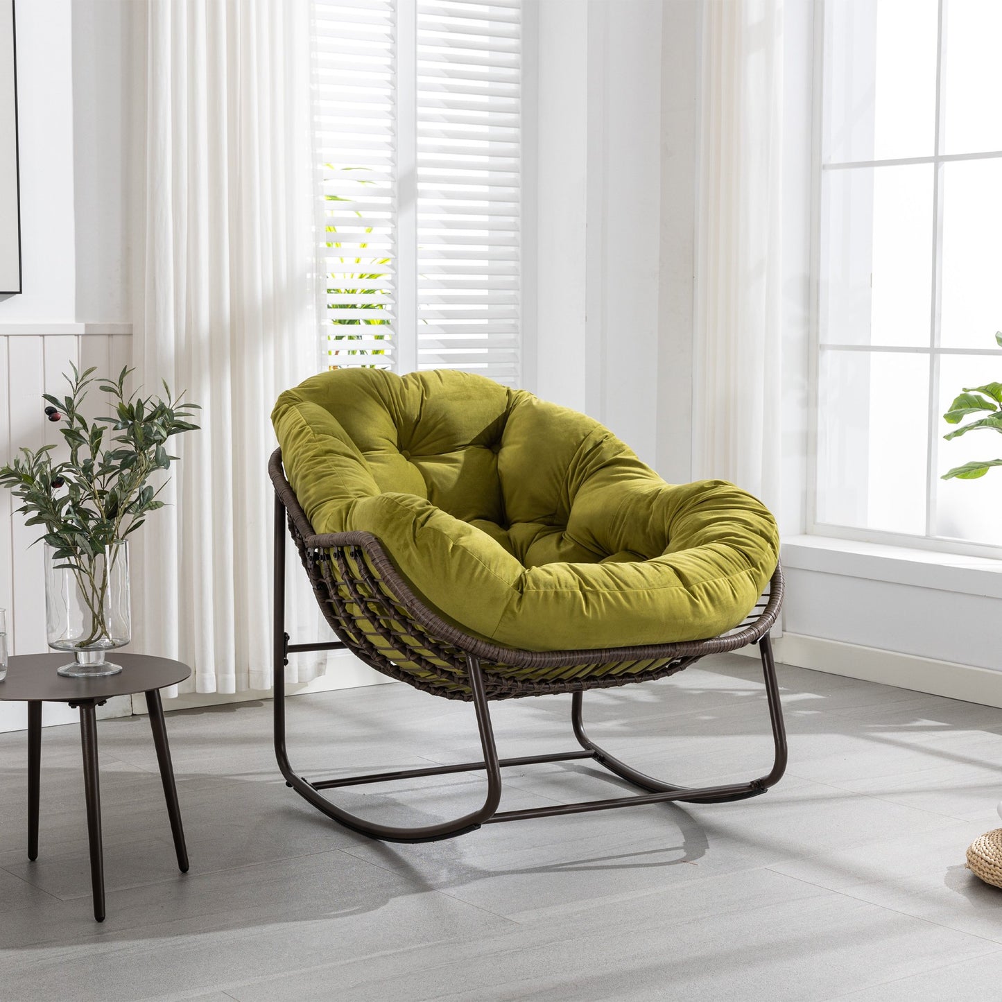 Papasan Rocking Chair Indoor and Outdoor, Patio Rocker Recliner Chair with Padded Cushion, Modern Lounge Egg Chair with Steel, Rattan Frame, Orange