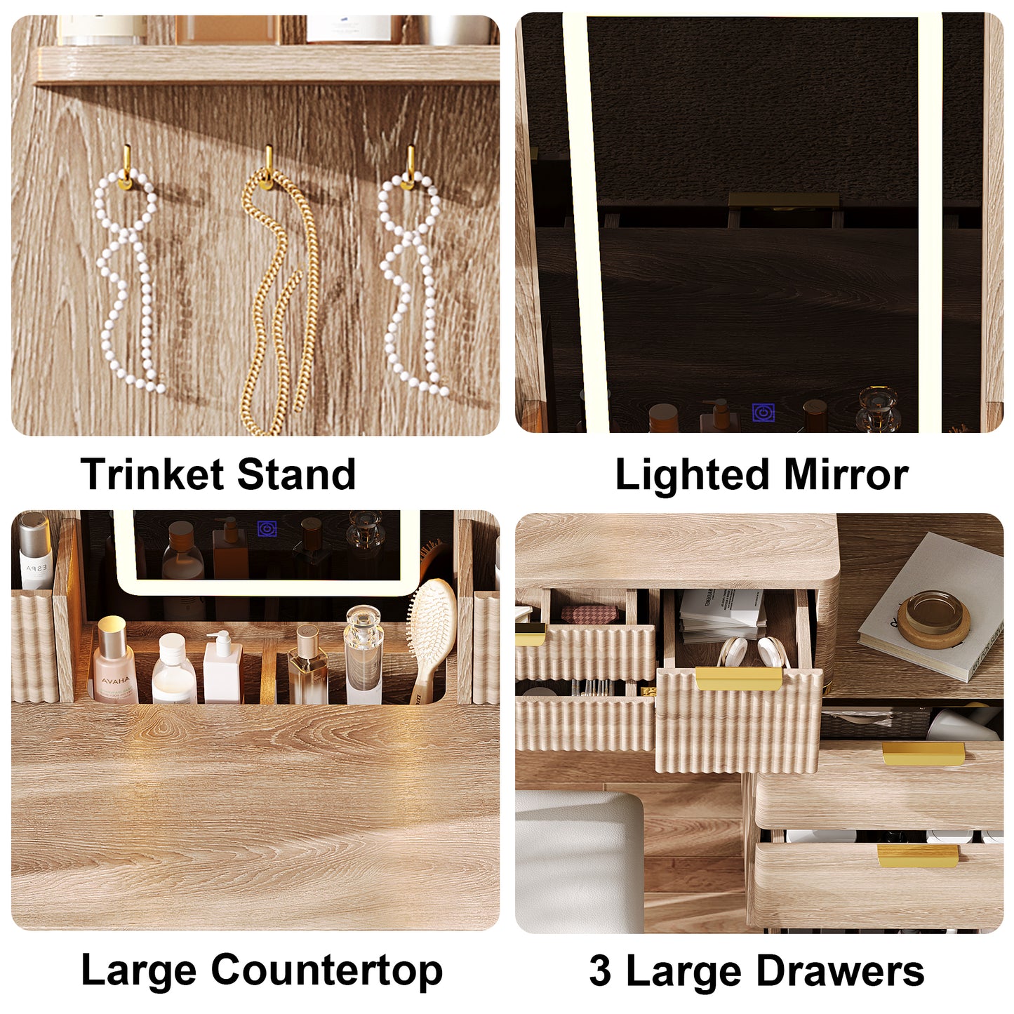 Vanity Table with Mirror and PU Stool, SESSLIFE 4-Drawer Carved Makeup Desk with LED Lighting, Elegant Dressing Table for Bedroom, Compact Design, Yellow Brown