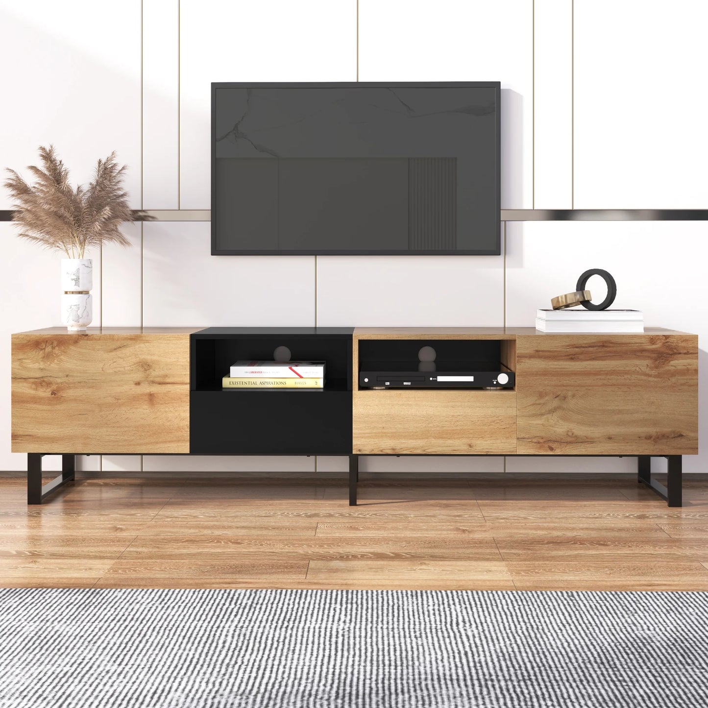 PORKISS TV Stand for 80 Inch TV, Modern Farmhouse TV Stand with 2 Cabinets and Open Storage Compartment, Home Entertainment Center, Wood+White