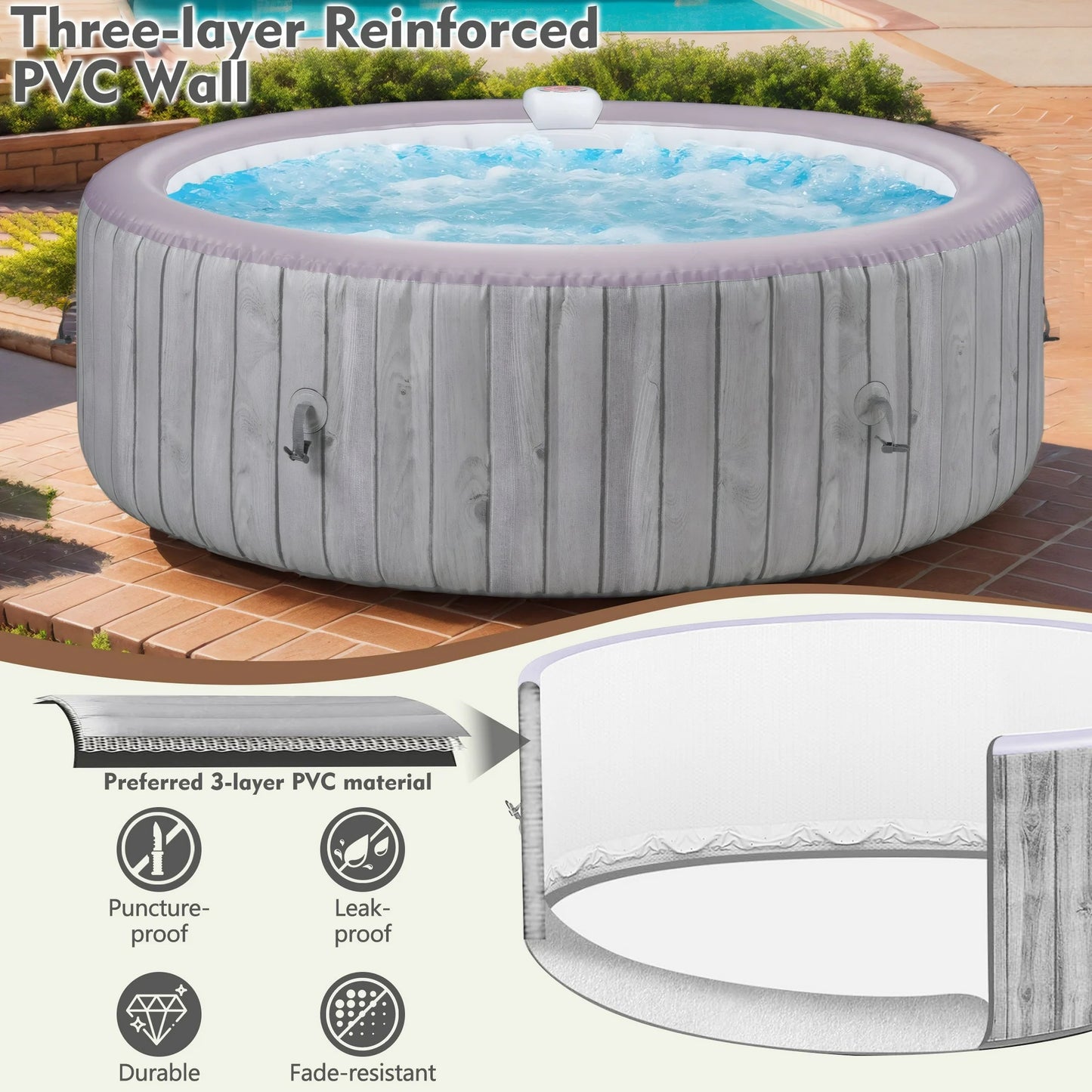 82" Round Inflatable Hot Tub, 4-6 Person Portable Outdoor Spa Hot Tub with Cover, Control Panel, 130 Jets and Filter, 1000L Blow Up Hottub, Gray