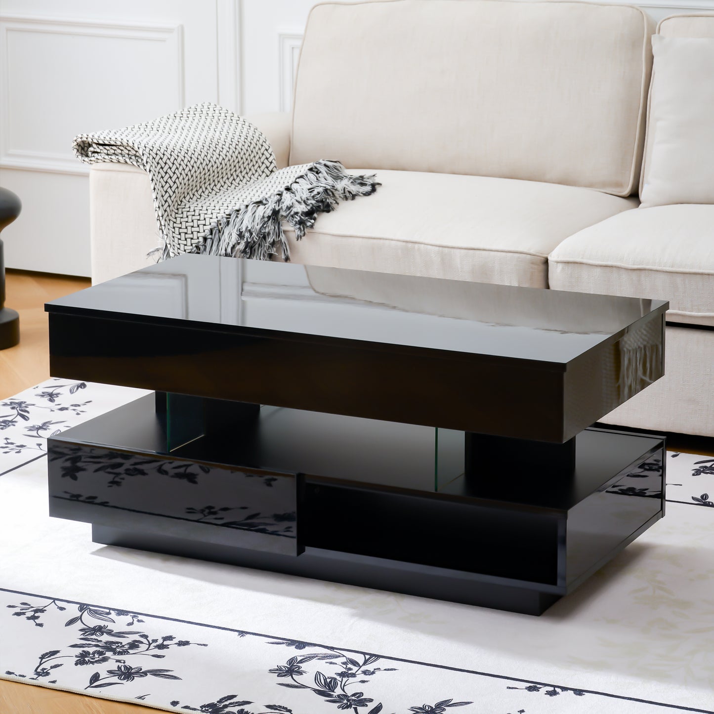 SESSLIFE Modern Lift Top Coffee Table with Storage, Hidden Compartment and LED Lighting, Multifunctional Centerpiece for Small Spaces, 39.3 Inch, Black
