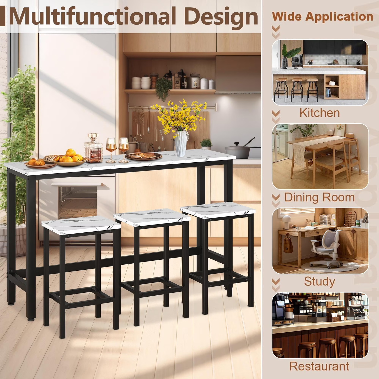 Dining Table Set for 3, Modern Kitchen Table Set with 3 Stools, Extra Long Bar Table Set, Wooden Pub Table and Chairs Set, Saving Space Patio Restaurant Bistro Table Set, Gray, JA2869
