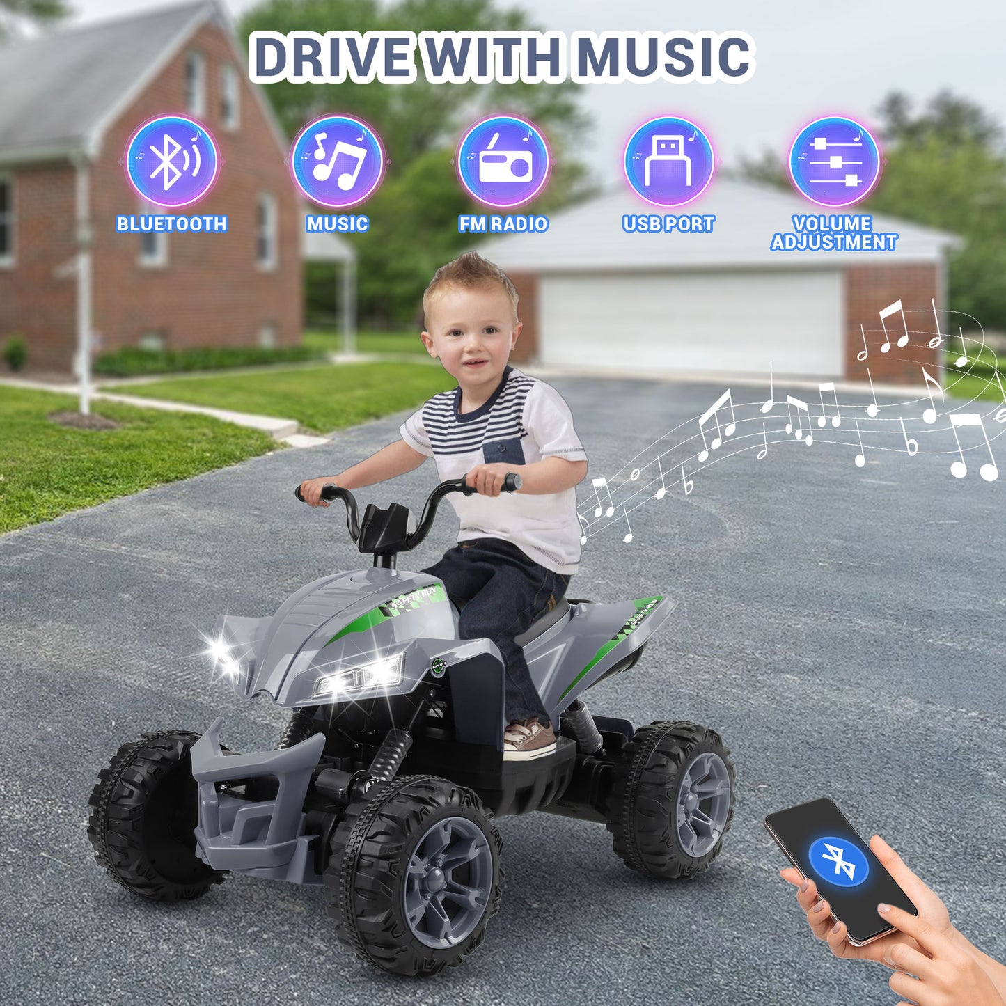 24V Ride on Cars for Kids, Battery Powered ATV Ride on Toys, Toddler Ride on Toy Cars, Music, Bluetooth and Power Display, Electric ATV for Boys Girls, White