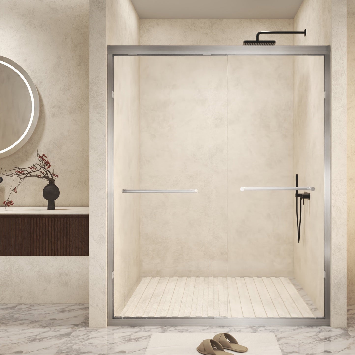 Sesslife 44-48" W x 72 in H Double Sliding Shower Door with Aluminum Frame, Modern Bathroom Shower Door with 1/4" Clear Tempered Glass and Stainless Steel Long Handles, SCGG Certified, Matte Black