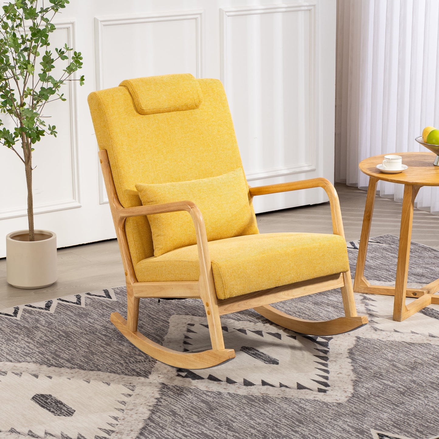 Modern Rocking Chair with Padded Lumbar Pillow, Upholstered Fabric Accent Chairs with Solid Wood Frame for Living Room Bedroom Playroom, Beige