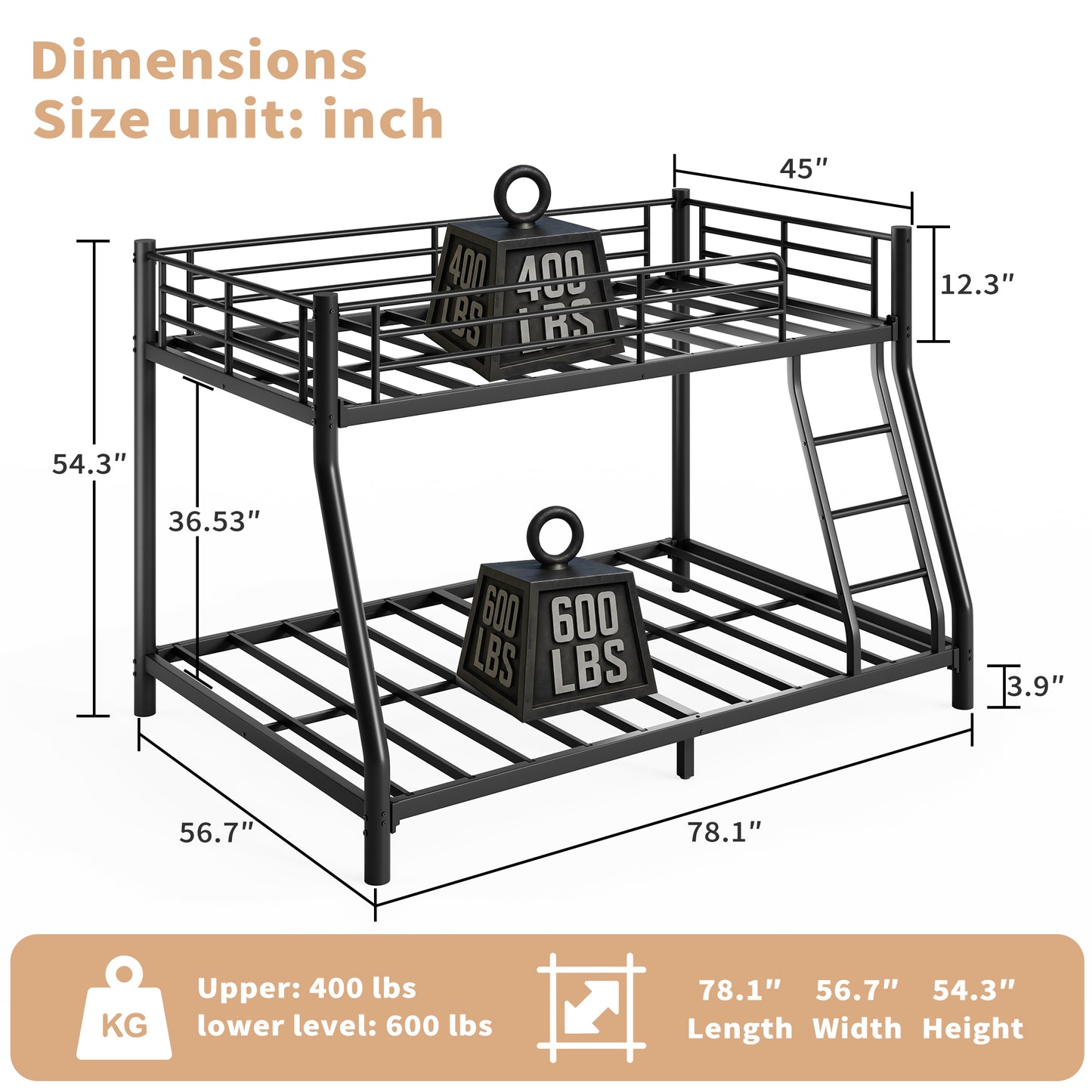 SESSLIFE Twin Over Full Bunk Bed, Heavy Duty Metal Bunk Bed Frame with Ladder and Safety Rail, Noise Free Space Saving Bunk Beds for Dorm Apartment, Black