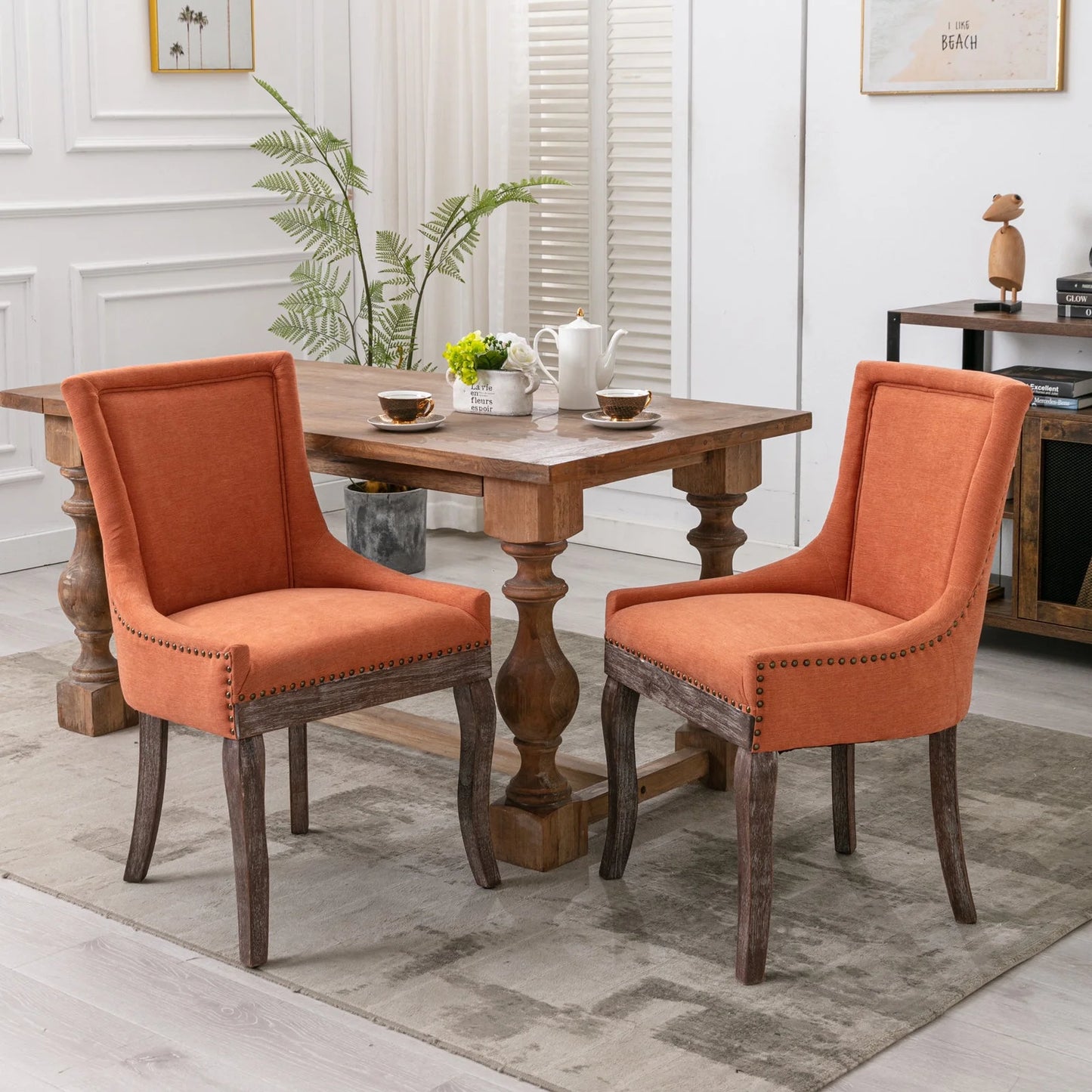 PORKISS Dining Chairs Set of 2, Thickened Fabric Chairs with Solid Wood Legs, Modern Upholstered Dining Chairs, Beige