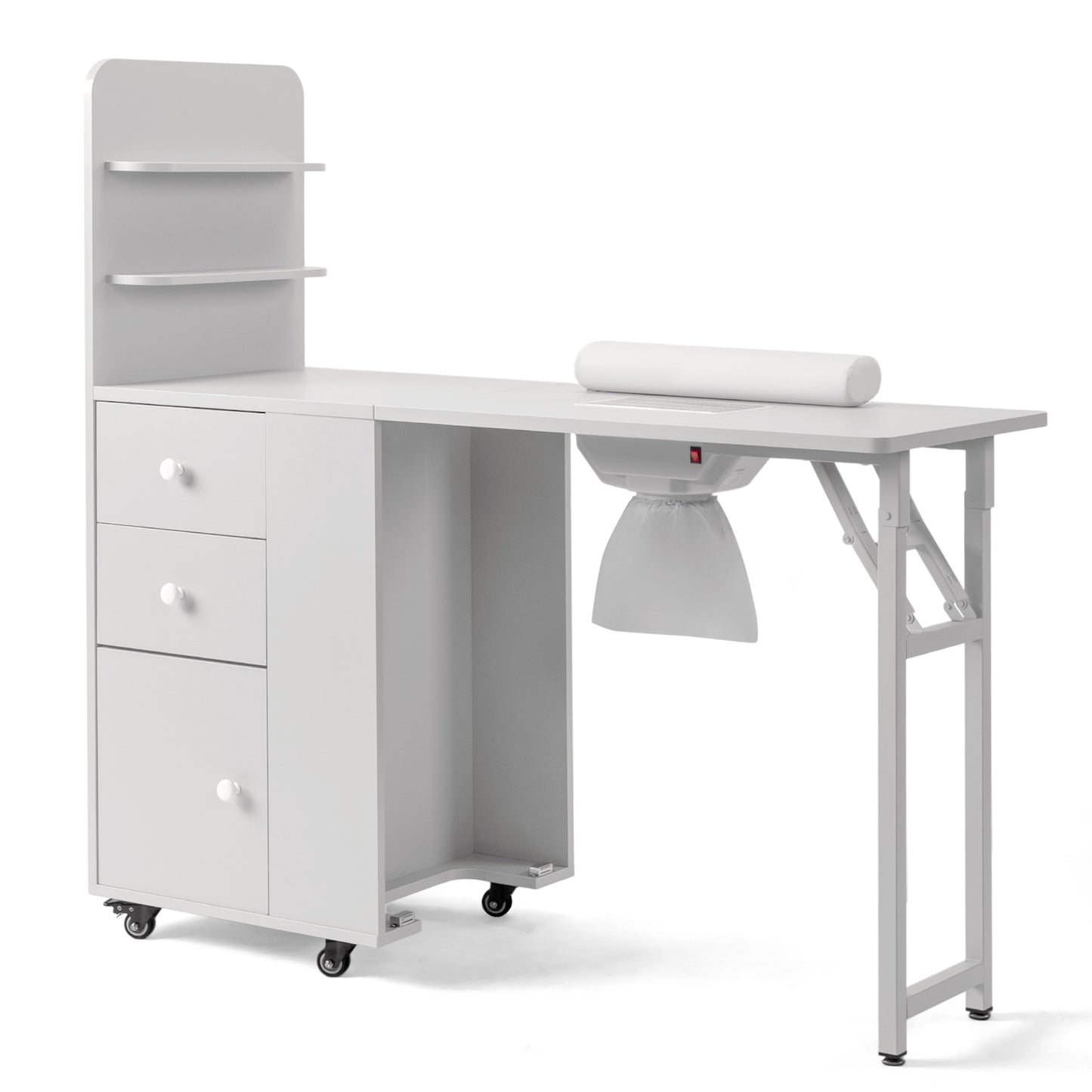 SESSLIFE Mobile Vanity Desk with 2 Drawers, Foldable Manicure Station with Cabinet Door and Storage Shelf, Portable Nail Tech Table for Home Salon and Professional Use, White