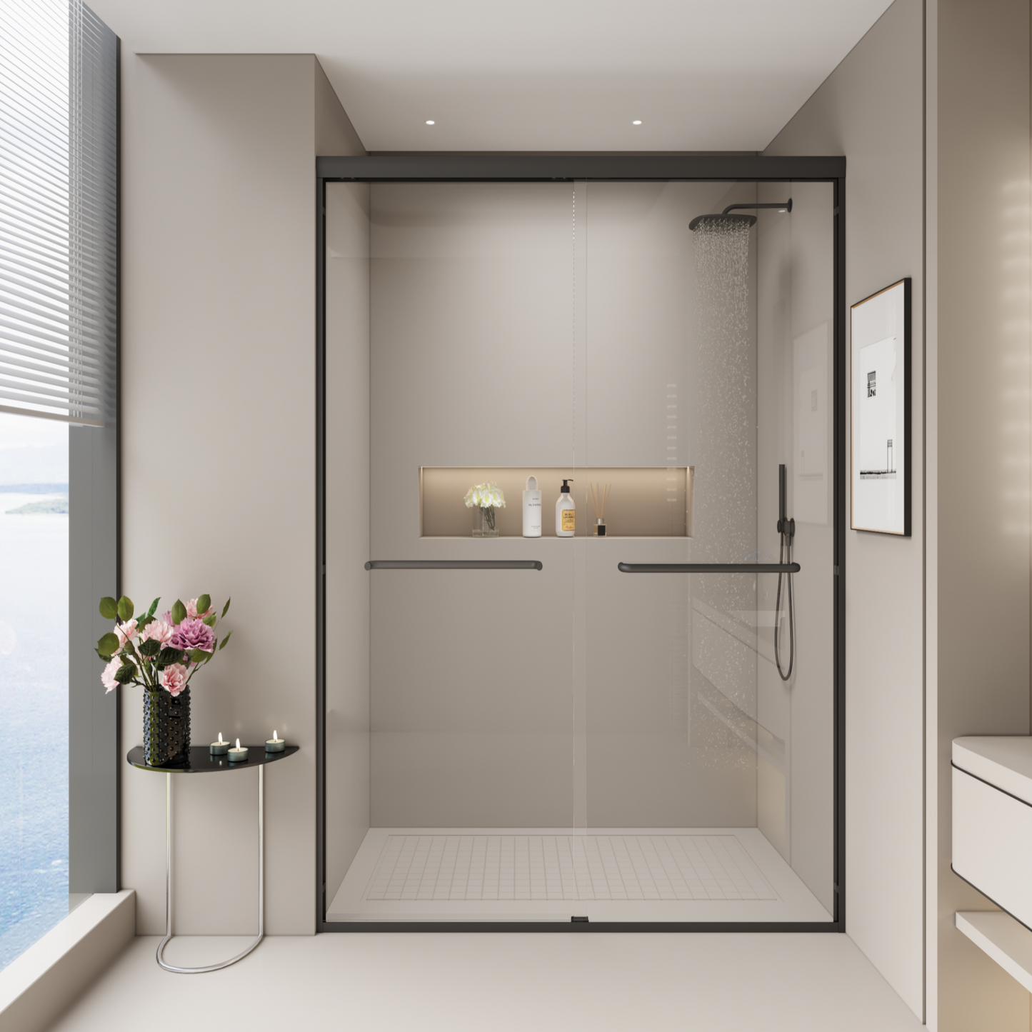 SESSLIFE Double Sliding Shower Door, Tempered Glass with Anti-Leak and Anti-Collision Design, Quiet Close Reversible Doors for Bathtub or Walk-In Shower, Easy to Clean, Matte Black