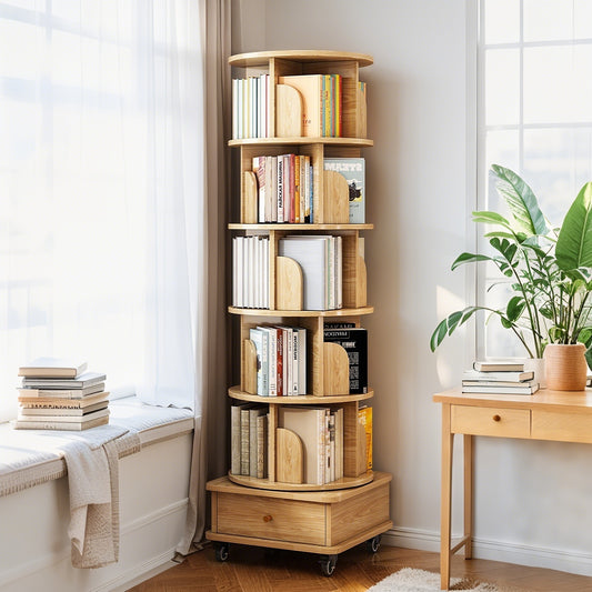 SESSLIFE 6 Tier Rotating Bookshelf Tower with Wheels and Drawer, 360° Spinning Bookcase for Small Spaces, Vertical Round Storage Shelf for Bedroom Living Room Office, White