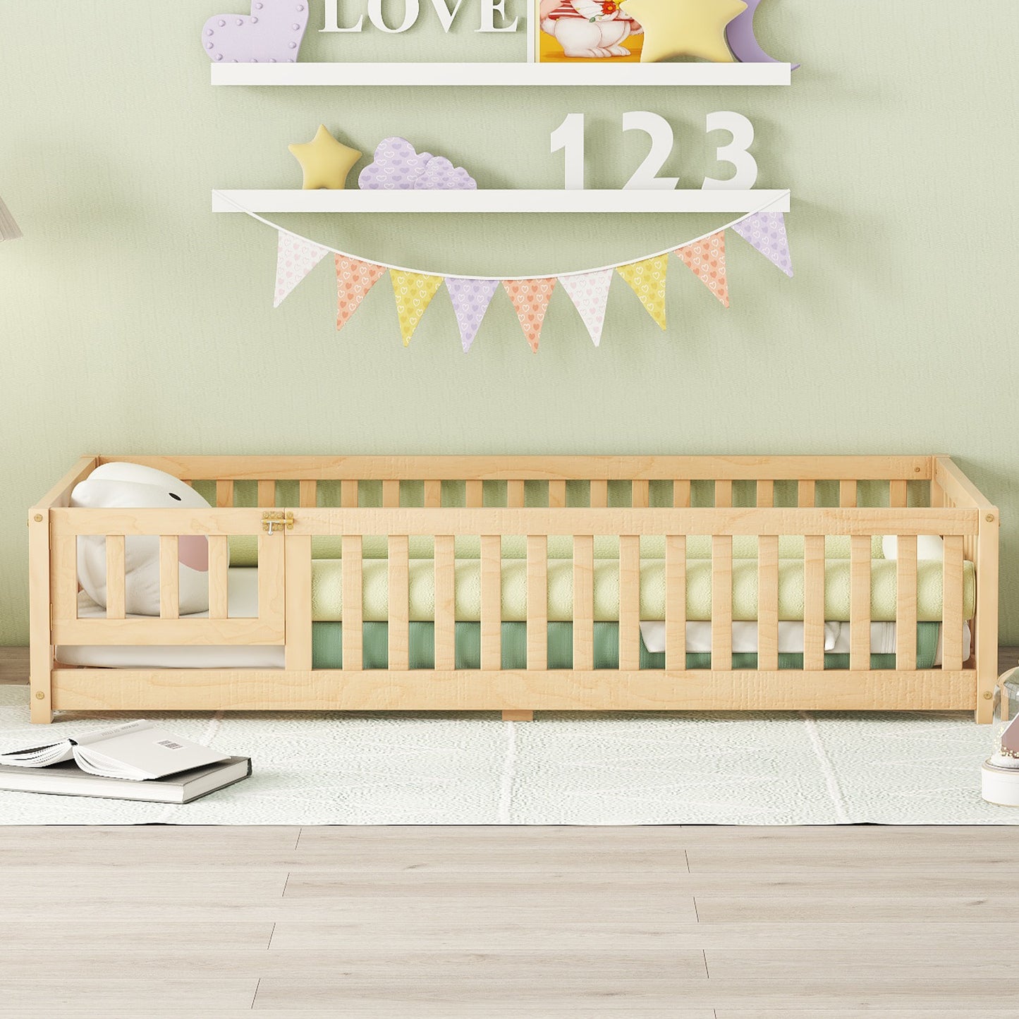 SESSLIFE Twin Size Floor Bed with Fence and Door, Wood Toddler Bed with Safety Guardrails and Slats, Montessori Bed, Twin Bed Frame for Kids, Boys, Girls, No Box Spring Needed, White