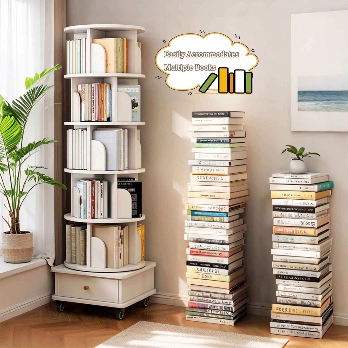 SESSLIFE 6 Tier Rotating Bookshelf Tower with Wheels and Drawer, 360° Spinning Bookcase for Small Spaces, Vertical Round Storage Shelf for Bedroom Living Room Office, White