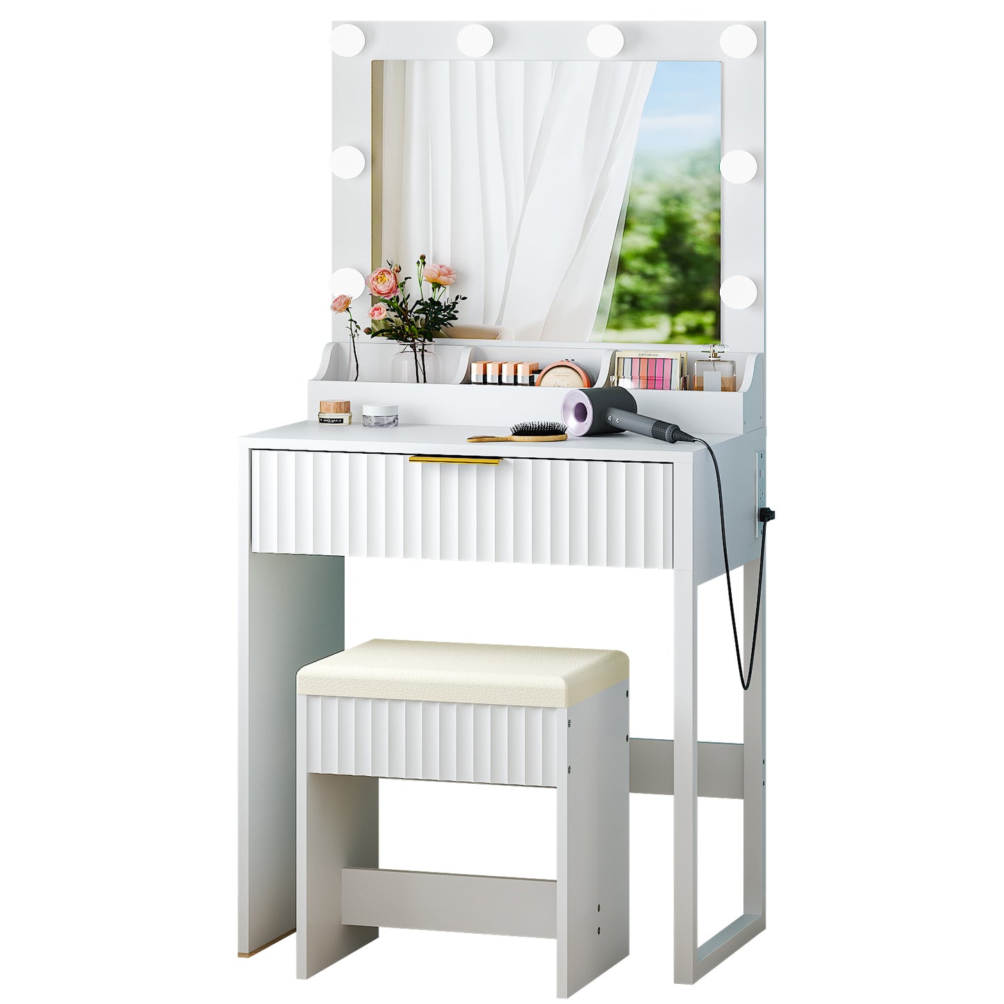 SESSLIFE Makeup Vanity Table Set with Mirror and Lights, 3-Color LED Lighting, Power Strip, Drawer & 3 Compartments, Modern Grille Design Compact Dressing Table for Bedroom, White