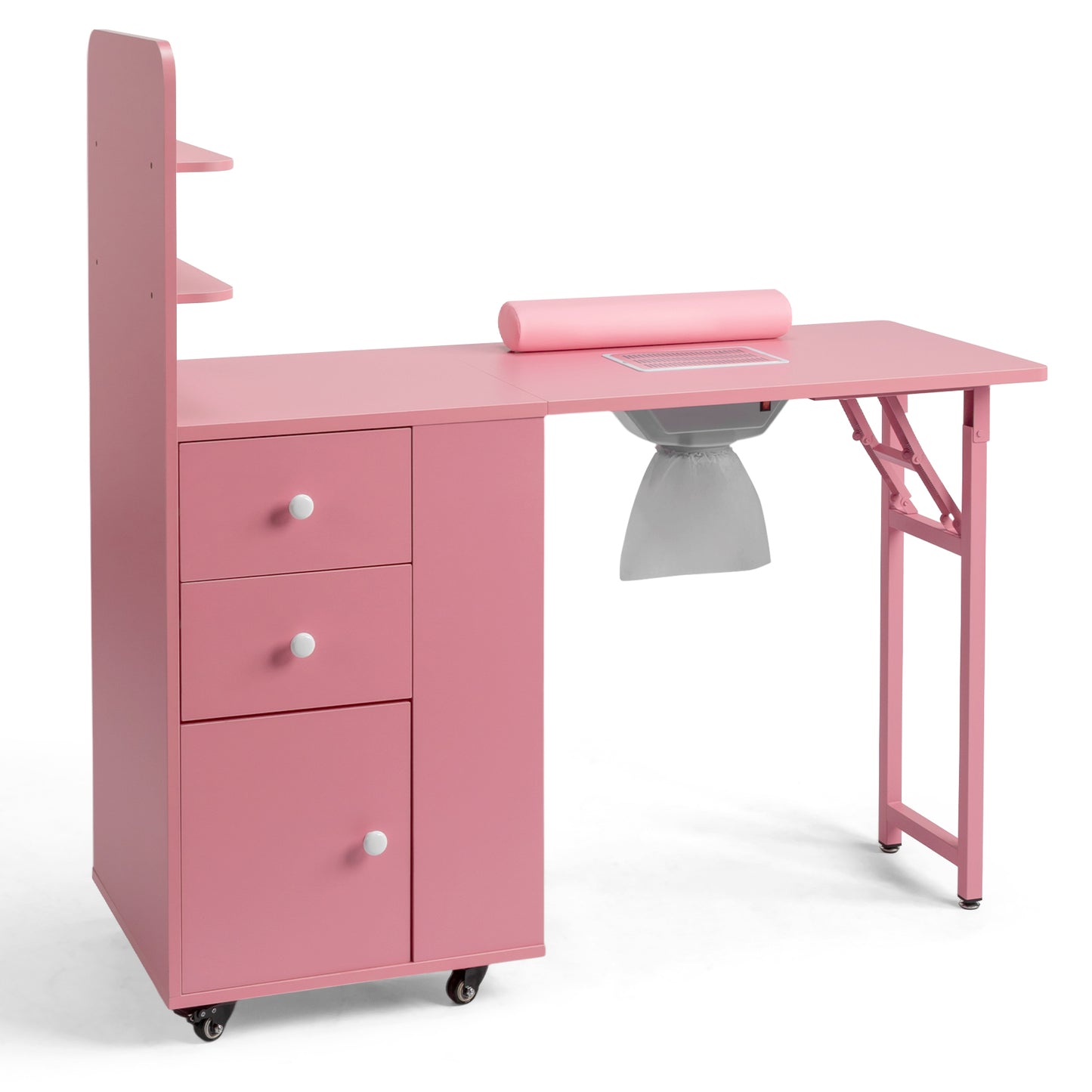 SESSLIFE Mobile Vanity Desk with 2 Drawers, Foldable Manicure Station with Cabinet Door and Storage Shelf, Portable Nail Tech Table for Home Salon and Professional Use, White