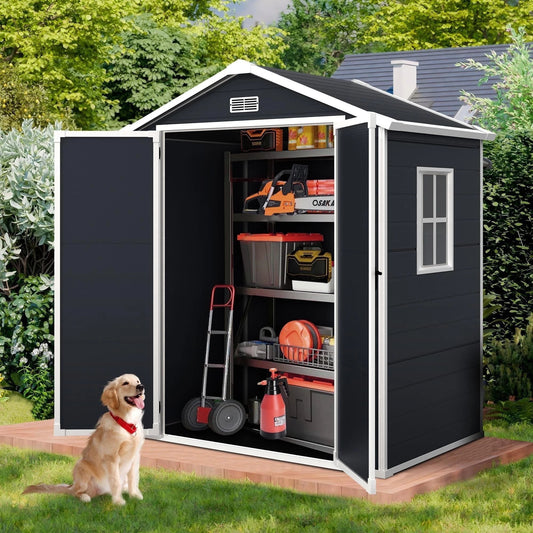 6ft x 4ft Outdoor Resin Storage Shed, Sesslife All-Weather Plastic Sheds with Reinforced Floor, Suitable for Outdoors, Waterproof, Black