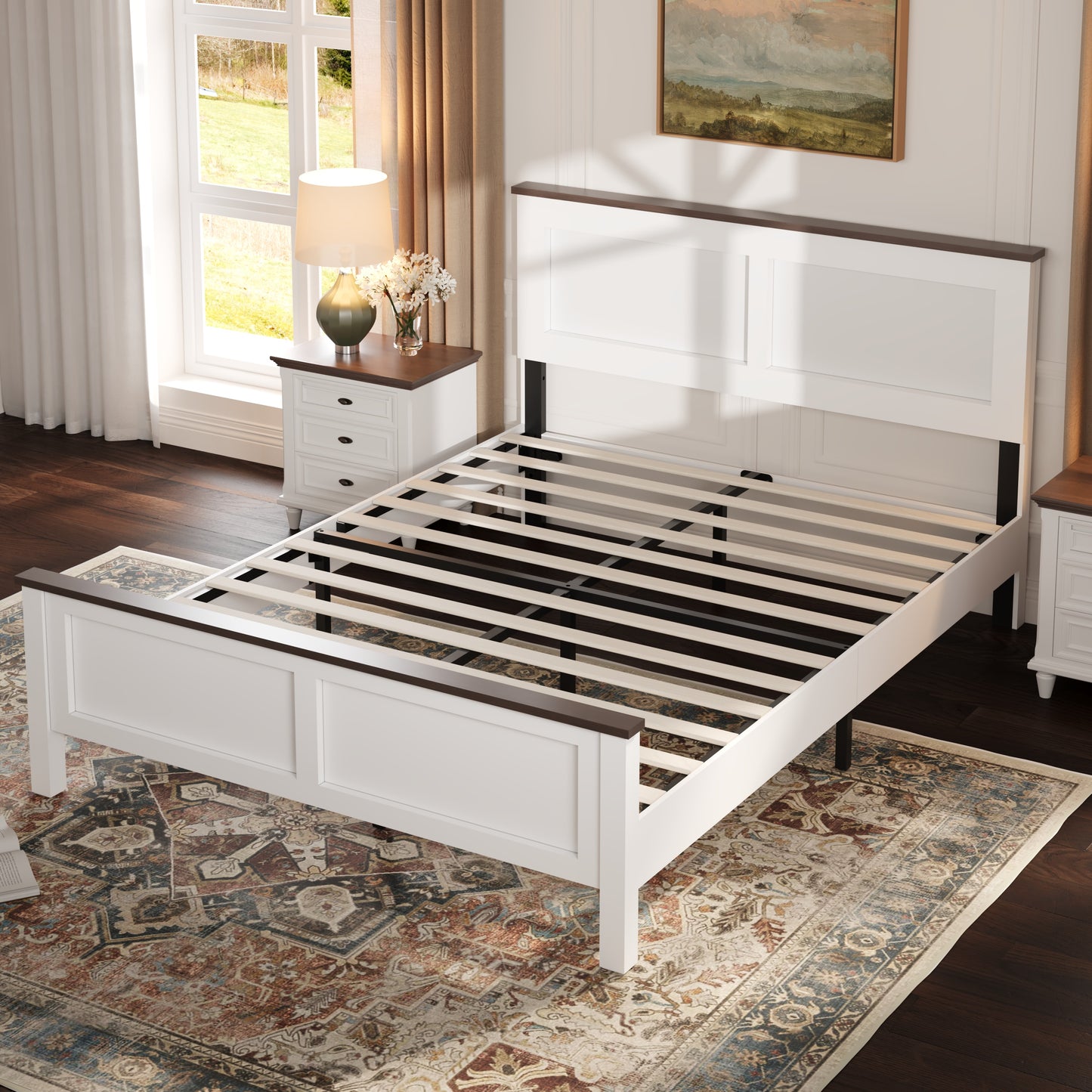 Upholstered Platform Bed Frame with Tufted Headboard, Modern Queen Size Bed Frame with Solid Wood Legs, Mid-Century Platform Bed for Adults Kids, No Box Spring Needed, Grey