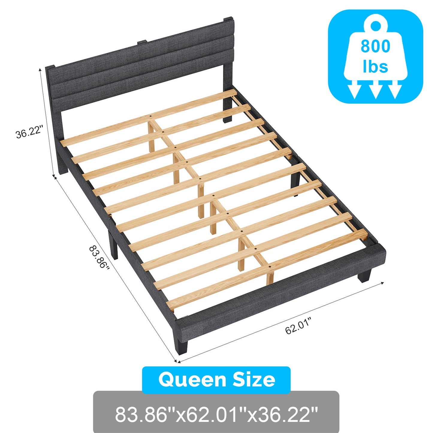 SESSLIFE Queen Bed Frame, 3-Position Adjustable Headboard Linen-Like Upholstered Platform Bed Frame for Teens Adults, No Box Spring Needed, Easy Assembly, Noise Free, Dark Gray